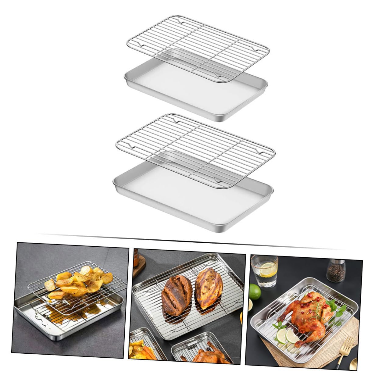 2 Satz Edelstahl Backblech mit Rost für Ofen, Silber