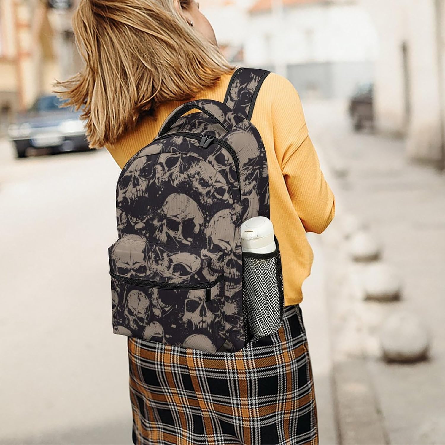 Retro Skull Lightweight Travel Backpack With Zipped Front Pocket Printed Laptop Bag Fashion Casual Daypack For Work, Hiking, Camping Unisex - Image 7