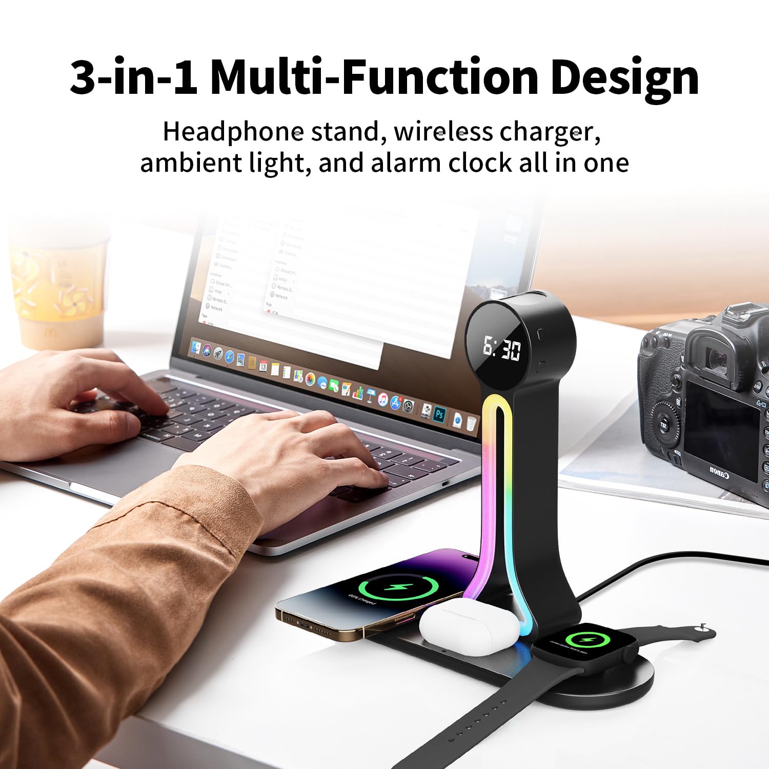 Trasforma la tua scrivania - Stazione di ricarica wireless 4 in 1 con supporto per cuffie, doppia porta USB, caricabatterie rapido da 15 W per telefono/A-irPods/A-pple Watch, luce RGB, sveglia a LED