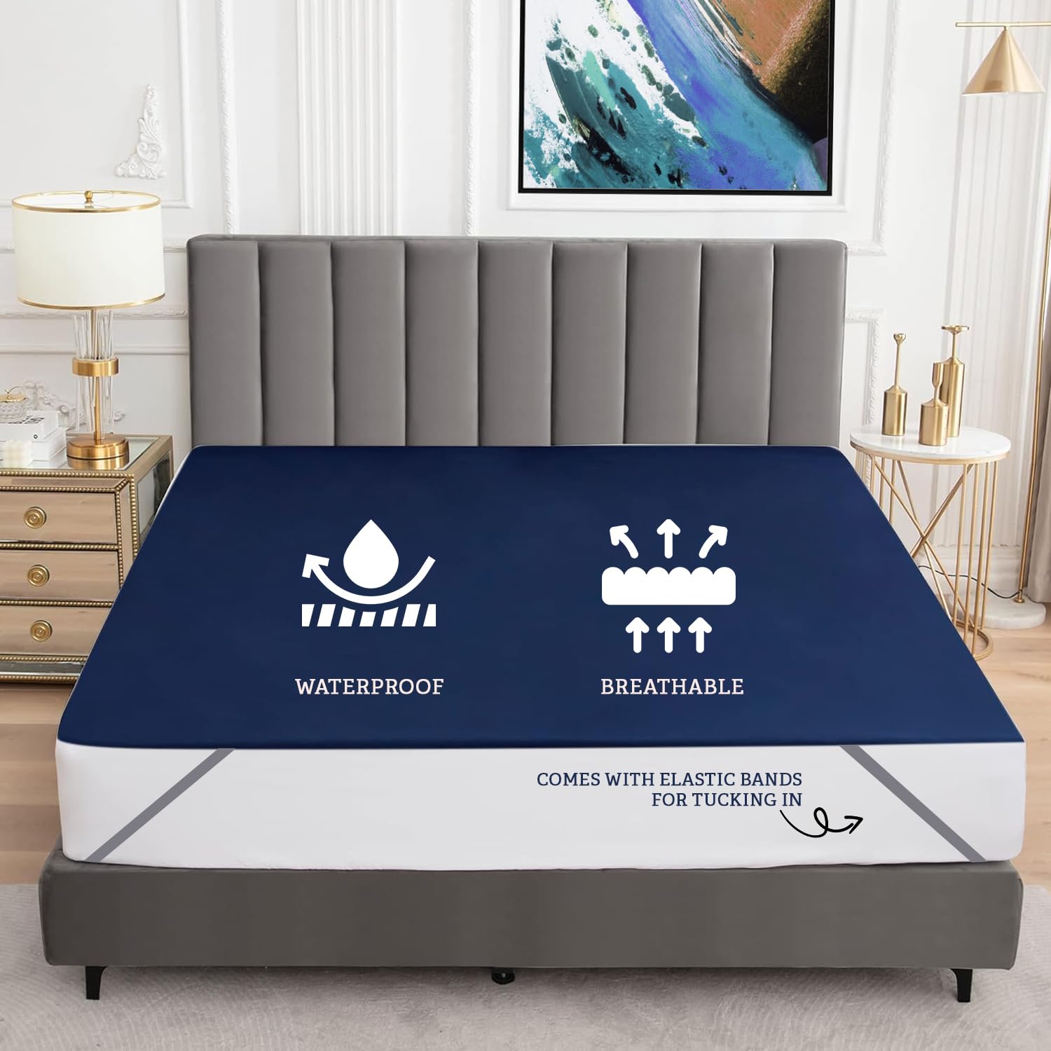 BeyBee 100% Waterproof Cotton Terry Mattress Protector | Breathable, Hypoallergenic, Washable & 2X Absorbency | Ultra Soft Easy Elastic Fitted Bed Protector (Size-75 * 72, Dark Blue) - Image 3 thumbnail