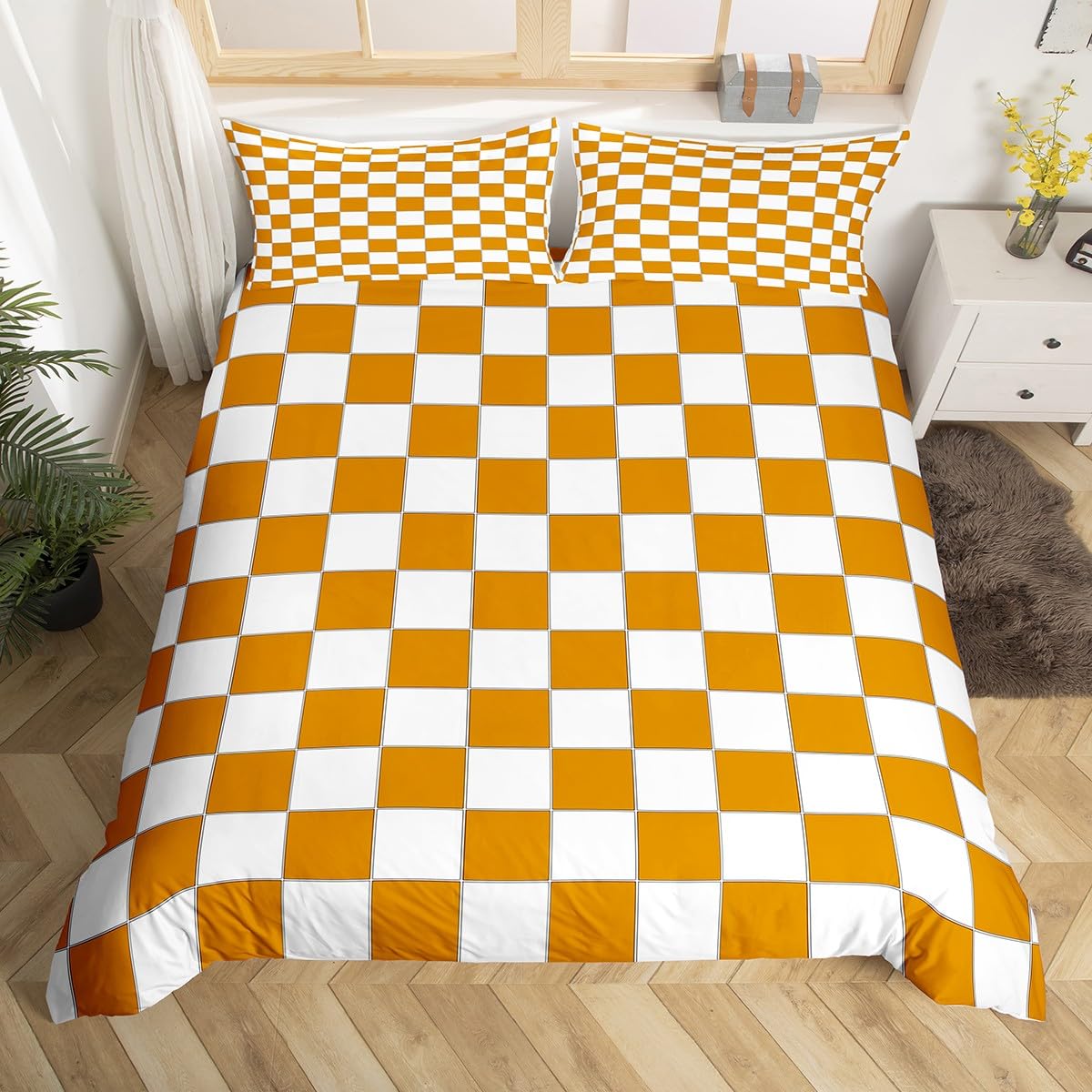 White Yellow Checkered Bedding Set Buffalo Plaid Grid Comforter Cover King For Kids Teen Adults Checkerboard Duvet Cover Aesthetics Geometric Gingham Quilt Cover Modern Room Decor