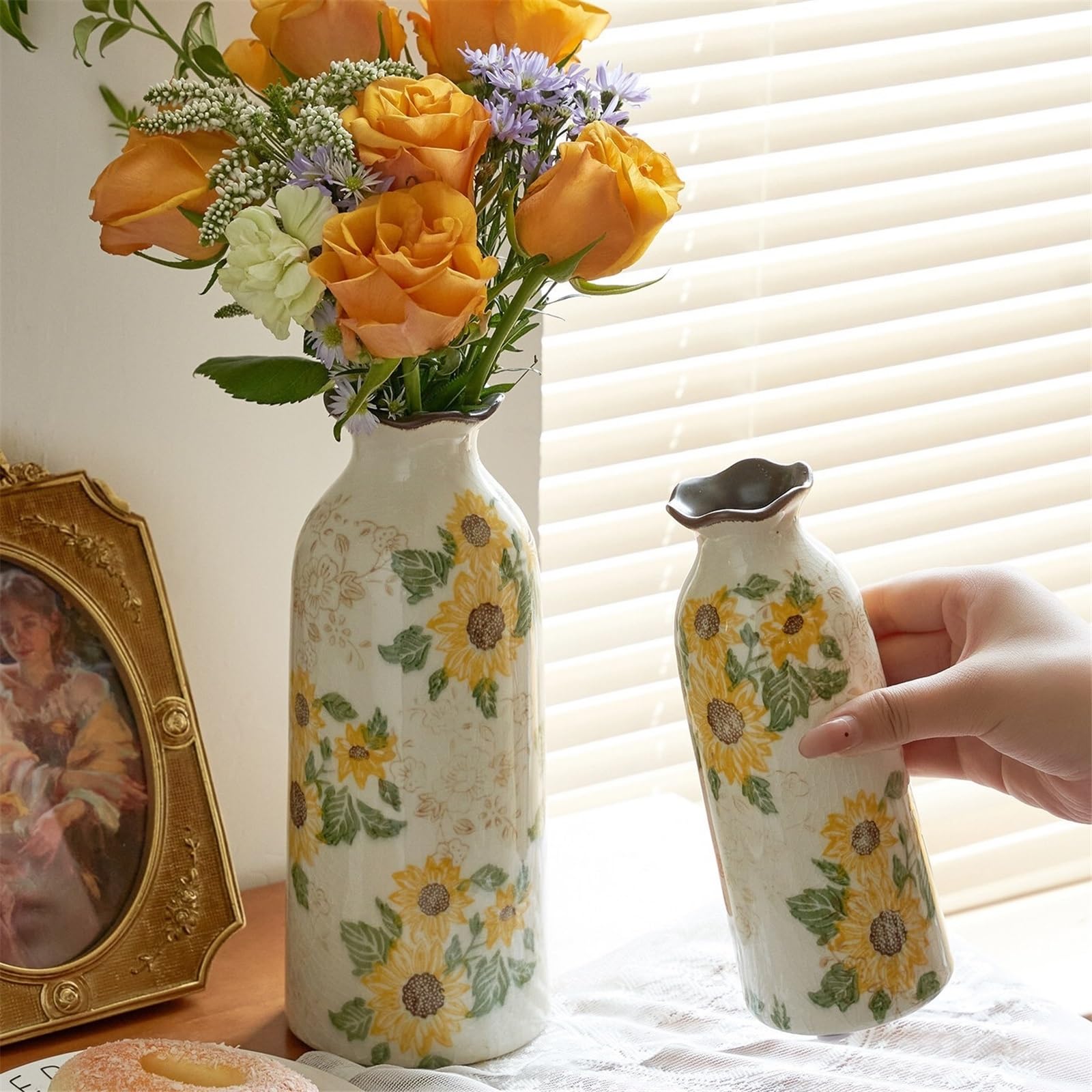Vasen Keramik-Sonnenblumenmuster, dekorative Blumenvasen, Crackle-Glasur-Vase for Zuhause, Wohnzimmer, Tischdekoration Deko vase(Groß)