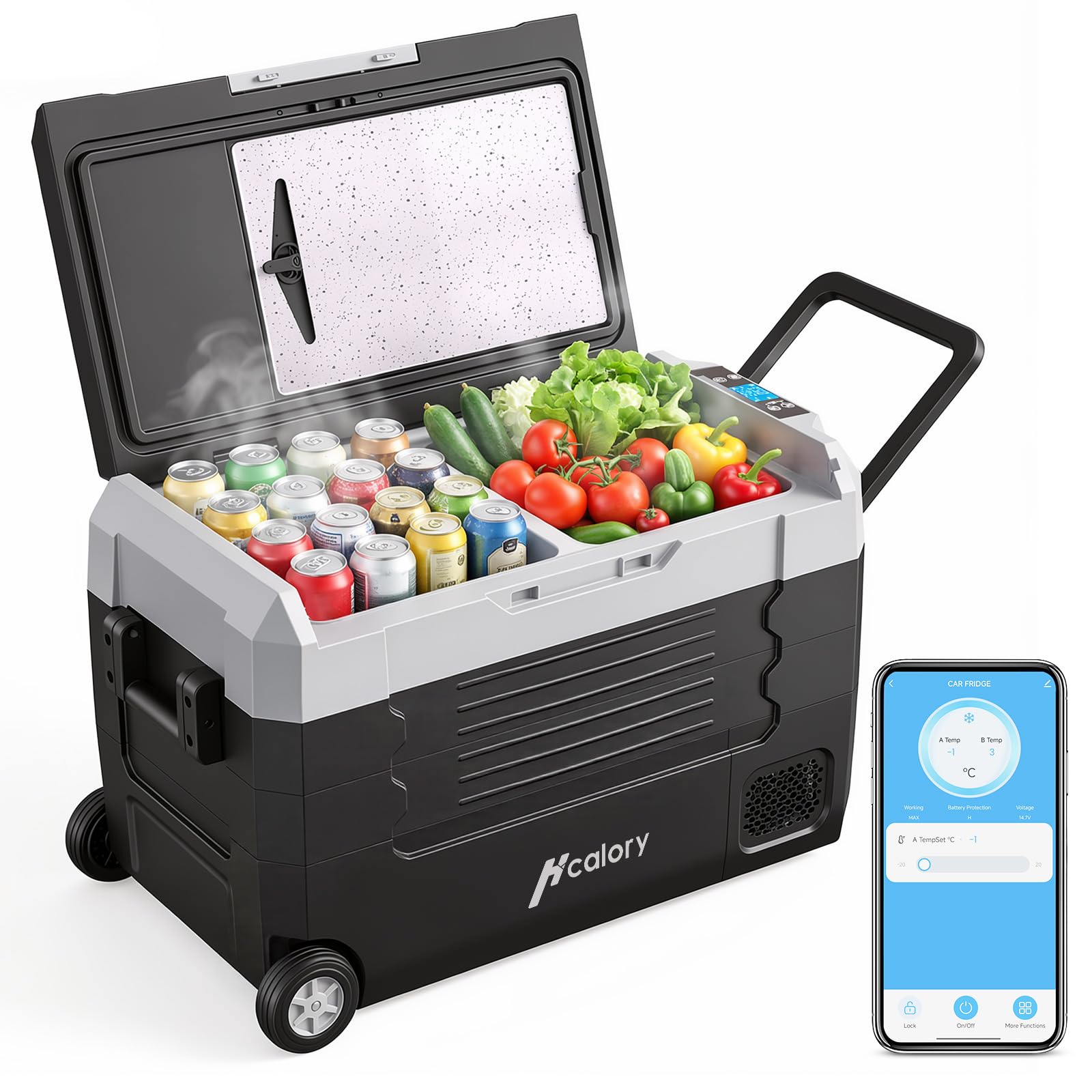 55L Tragbarer Kompressor Kühlbox mit Bluetooth-App, Dual-Zone -20°C bis +20°C, 12V/24V/230V, Rollen & Trennwand