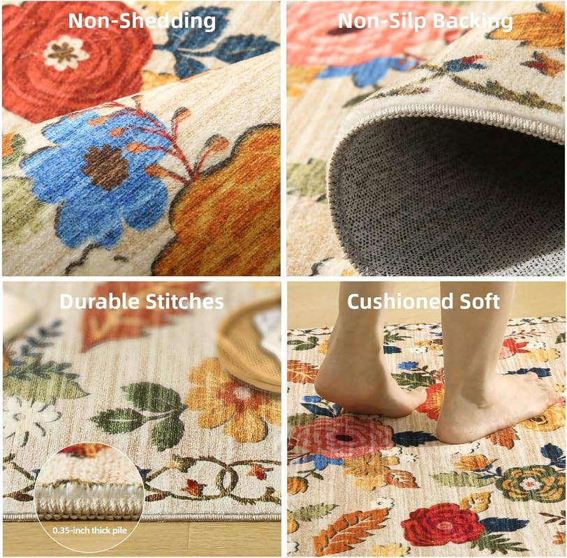 9x12 Area Rug Washable Rugs: Large Living Room Rug Stain Resistant Non Slip Distressed Vintage Floral Rug Low Pile Faux Wool Soft Rugs for Bedroom Bedside Farmhouse Dining Room Kids Playroom Nursery