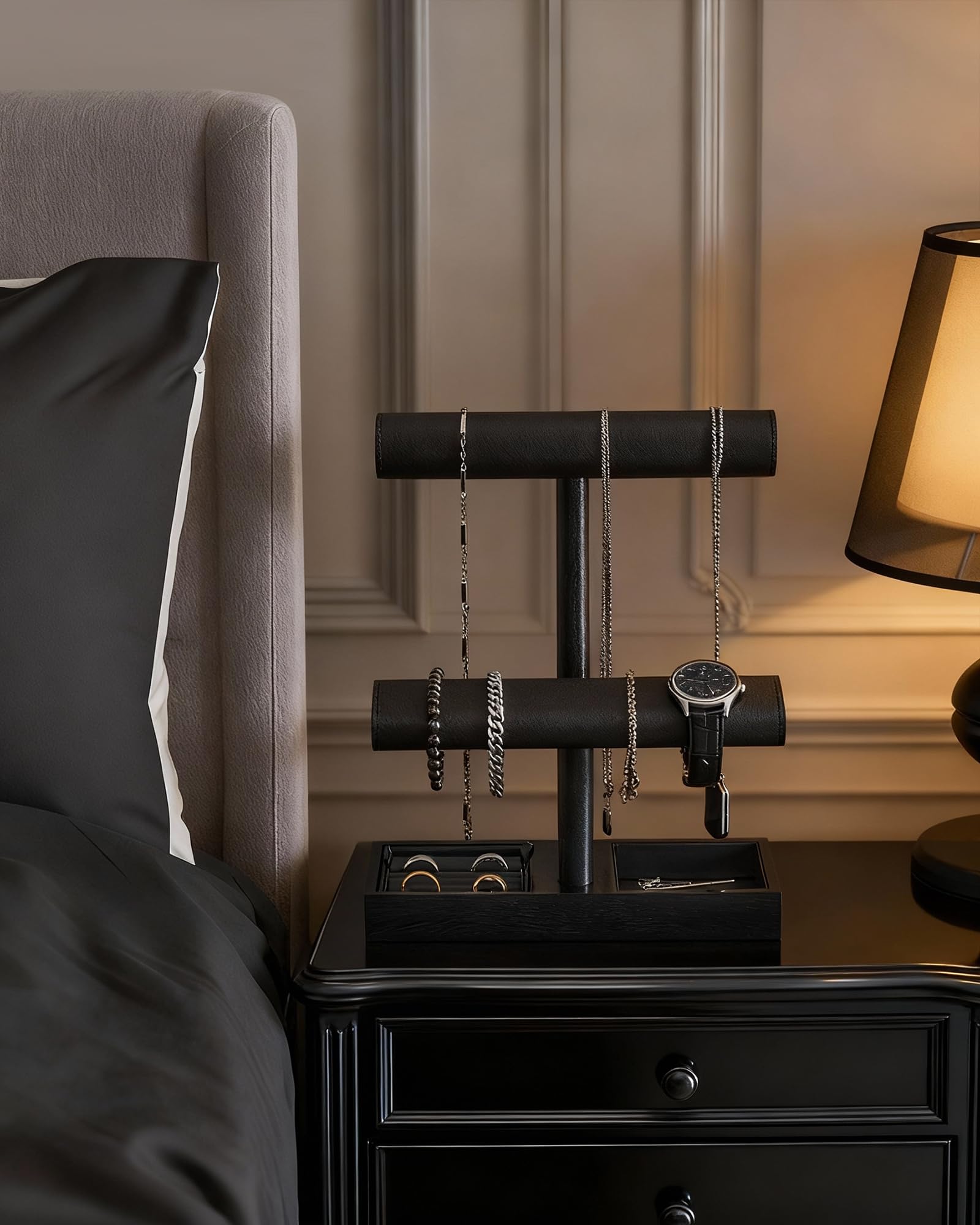 Soporte para Relojes para Hombre, Regalo para él, papá, Novio, Estante de exhibición de Joyas de Madera, Organizador para Collares, Pulseras y Anillos - Negro