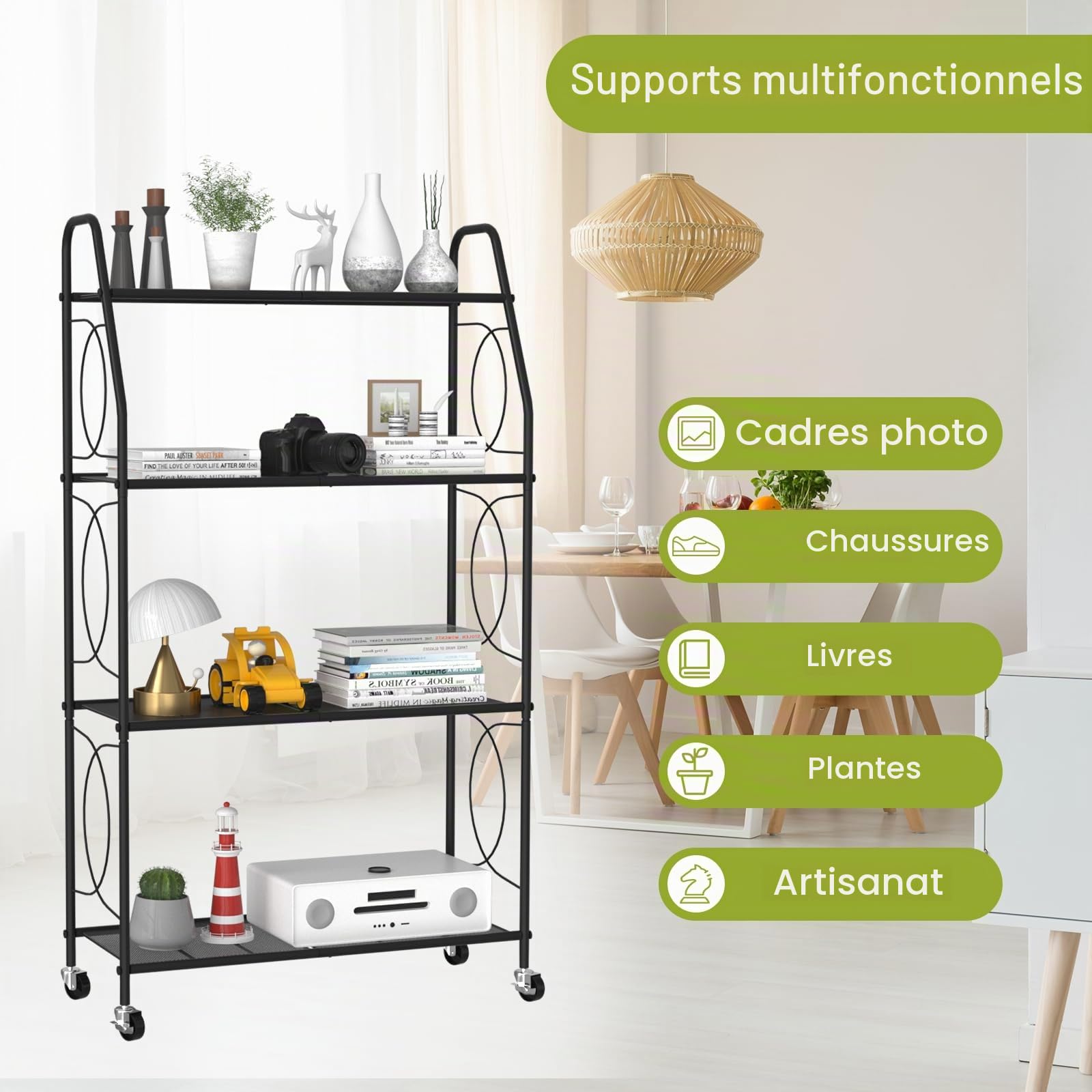 VyGrow Support de plantes à 4 niveaux avec roulettes, étagère pour plantes d'intérieur et d'extérieur, support de plantes haut en métal robuste pour salon, balcon et jardin, noir