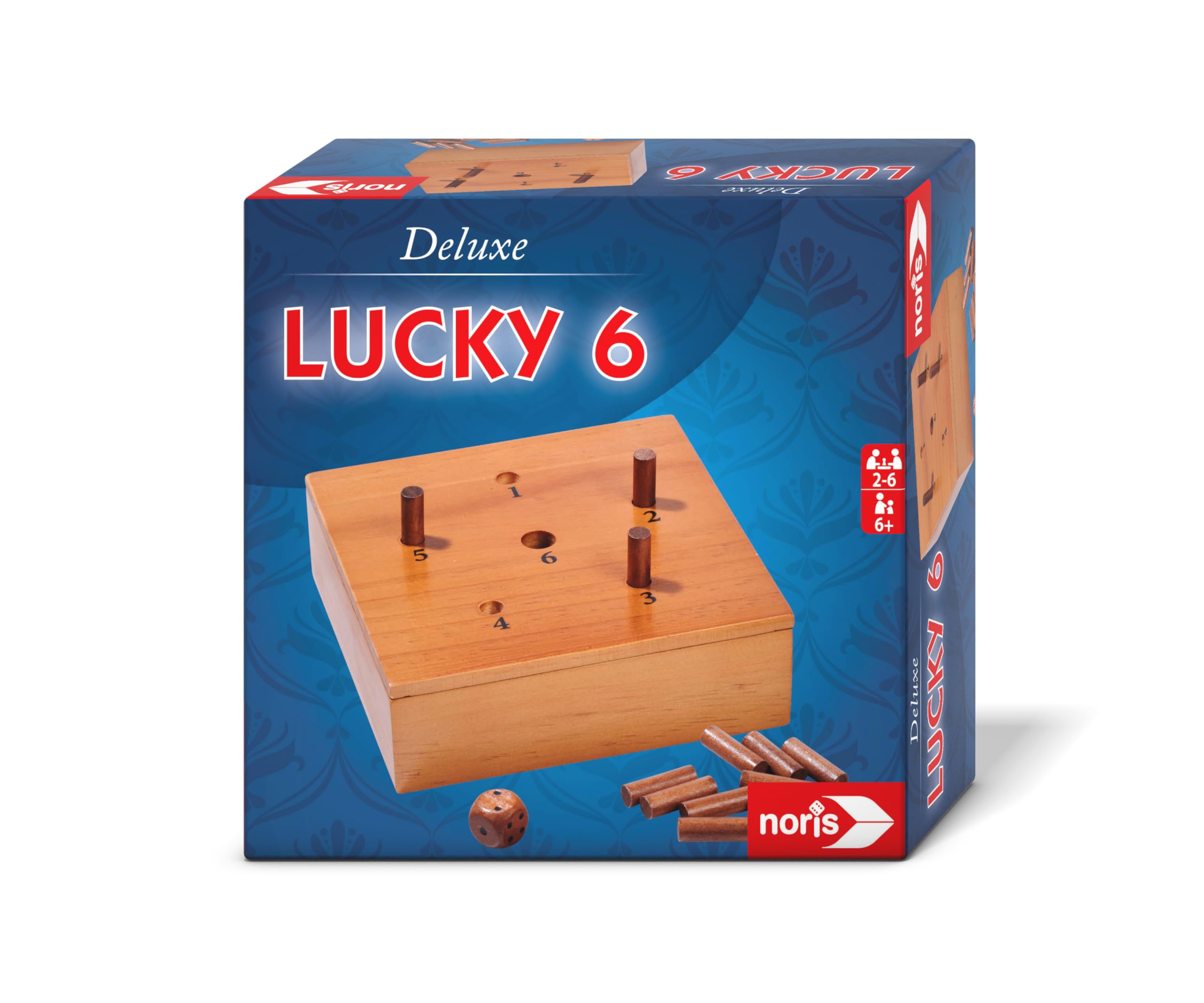 Noris 606102046 Deluxe Lucky 6 (Dice Game from 6 Years) Classic Super Six in Wooden Equipment for Adults and Children, 2-6 Players, Approx. 20 Minutes Game Duration