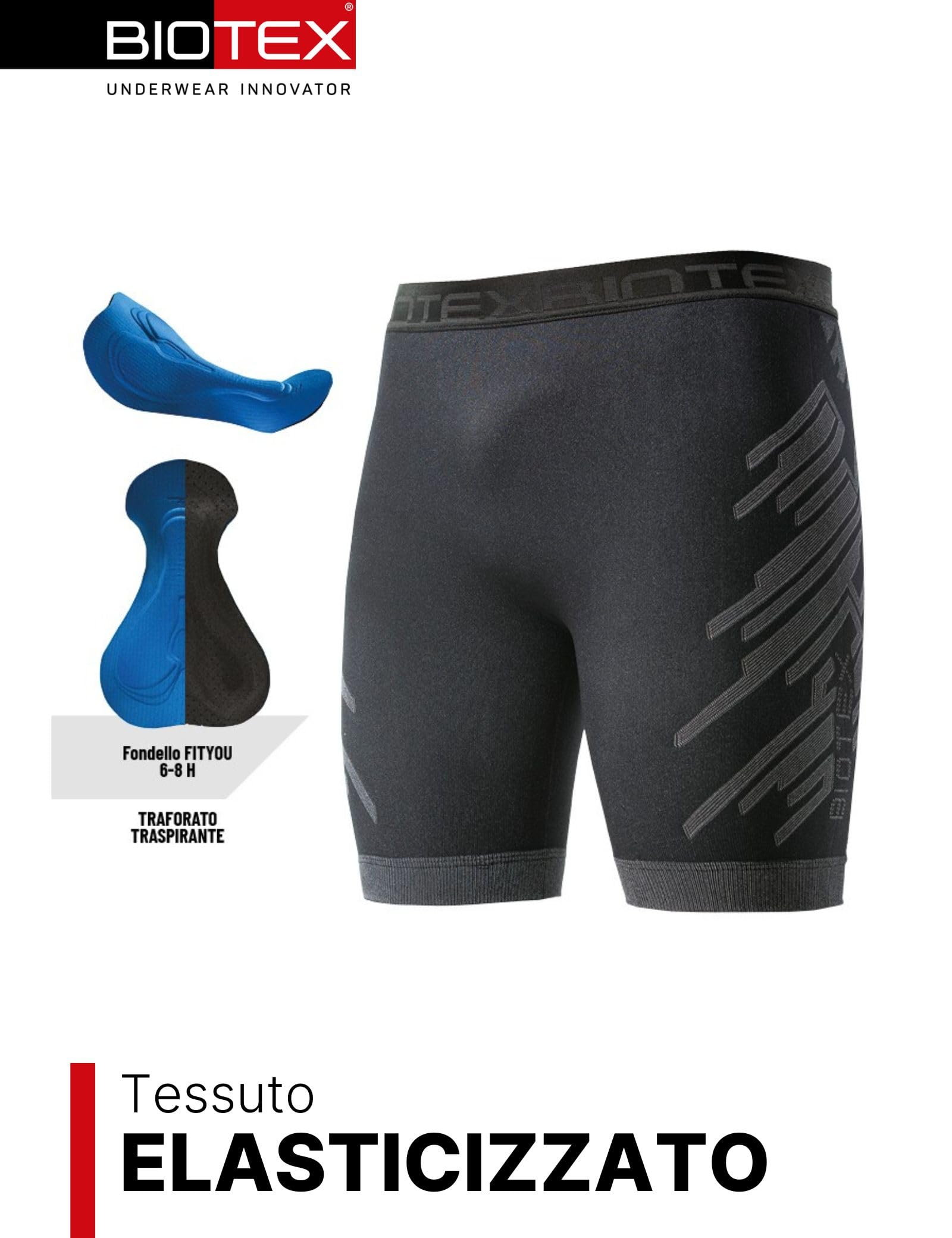 BIOTEX Boxer Power Bike con Fondello da Uomo, Antibatterico e Traspirante, Ideale per MTB, Gravel ed E-Bike, Nero