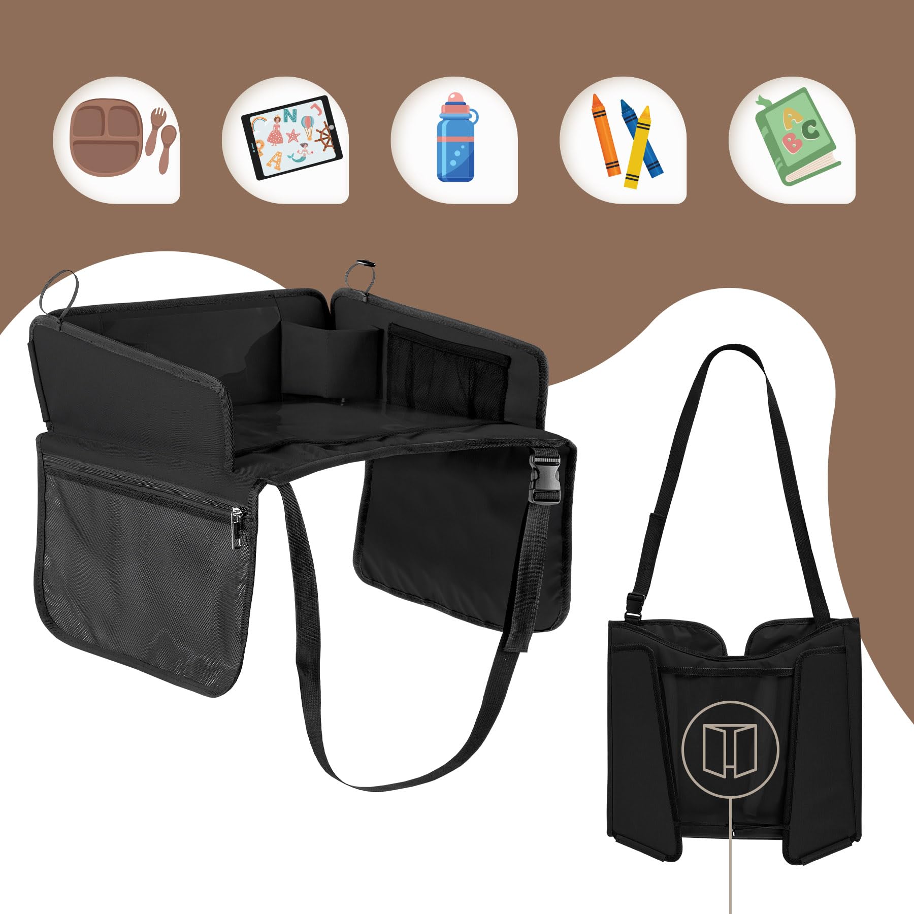 SIPO Reise-Tablett für Kindersitze – Klapptablett mit Trockenlöschfläche, Tablet-Halter (bis 11″), Getränkehalter & Taschen – faltbar, leicht, universell – Schwarz