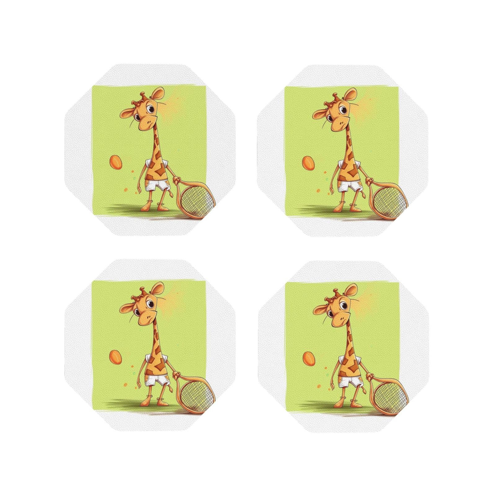 4pcs Drink Coasters for Tabletop Protection, 4" Leather Coasters for Drinks, Giraffe Playing Tennis Cup Coasters for Coffee Table Decor, Non-Slip Drinking Cup Mat for Hot Or Cold Drink
