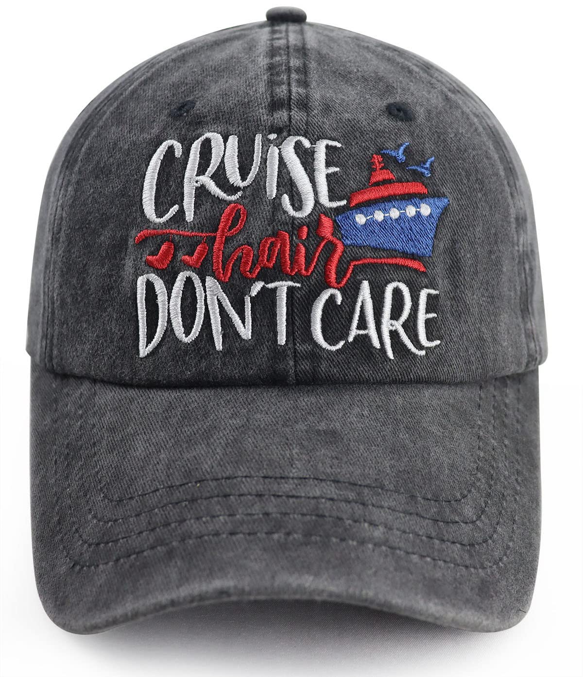 VxchkermCruise Hair Don't Care Hats for Men Women, Adjustable Vintage Embroidered Washed Cotton Denim Boat Baseball Cap