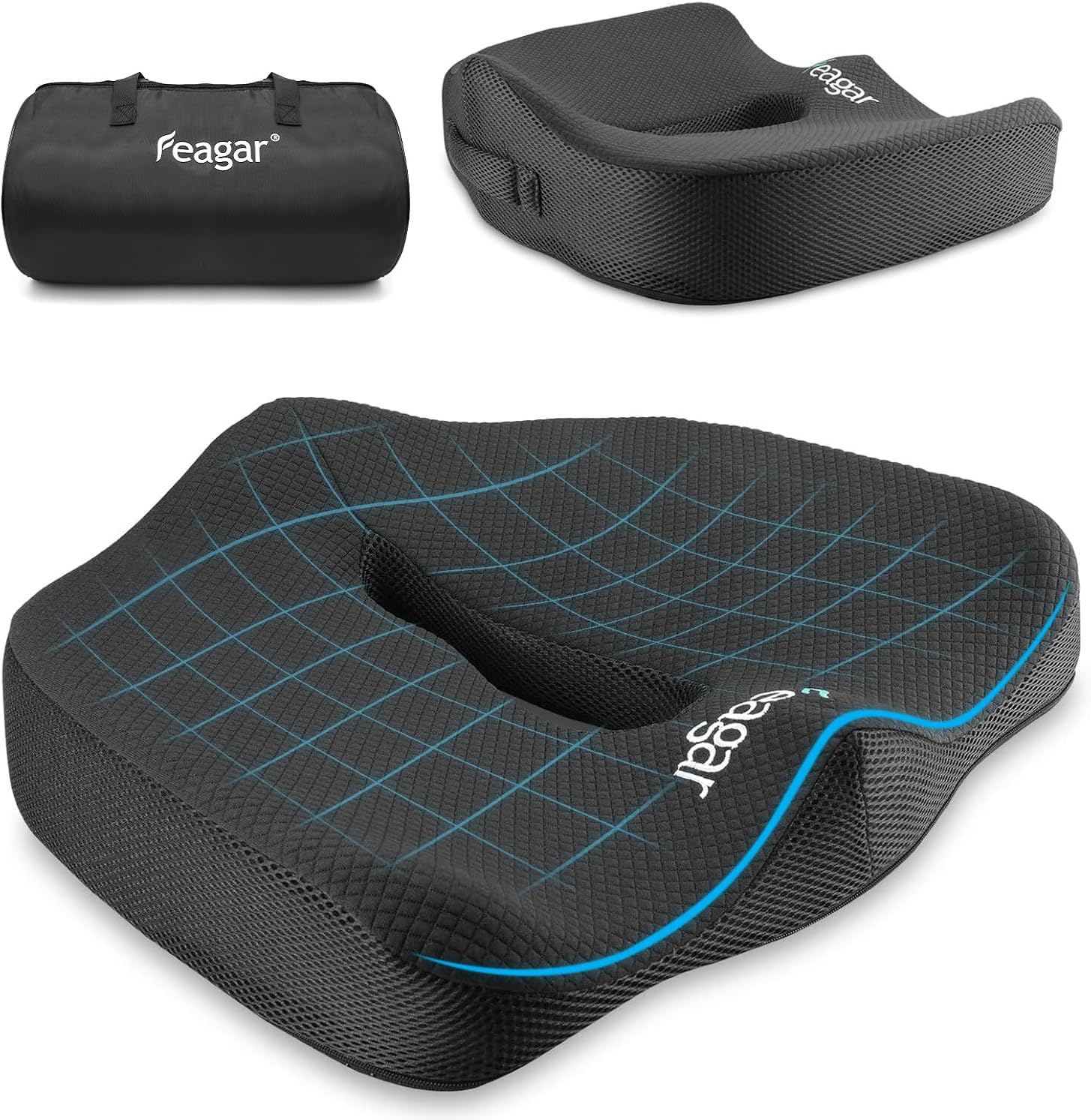 Feagar Cuscino per Sedile - Cuscini Ergonomico Sedile per Coccige Sciatica Lombare - Cuscino Memory Foam per Ufficio Casa Auto Sedia a Rotelle, Nero