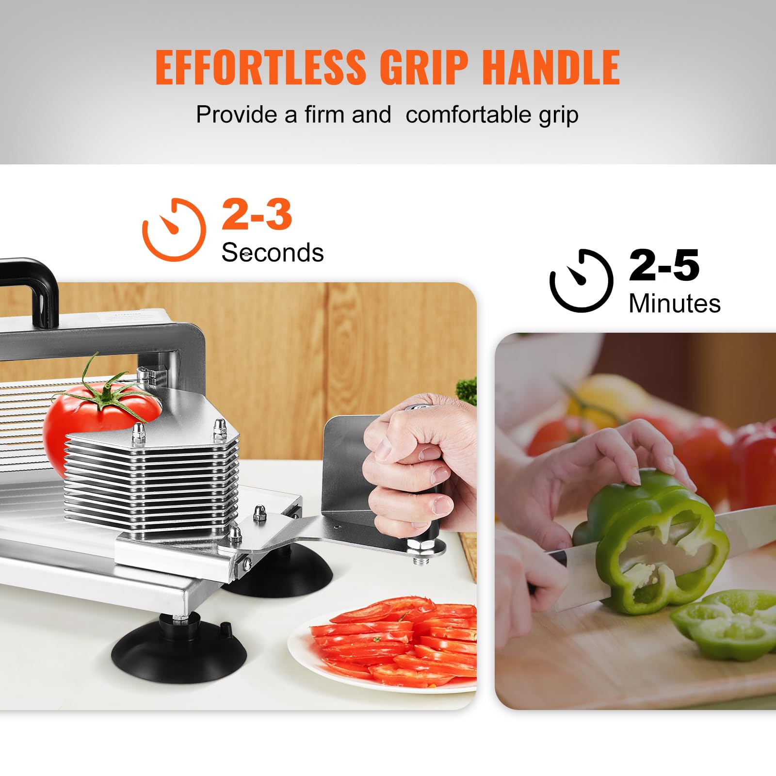 VEVOR Kommerzieller Tomatenschneider, 1/4 Zoll + 3/8 Zoll + 3/16 Zoll Tomatenschneider, Edelstahl, robust, manuell mit rutschfesten Füßen, schneidet Tomaten, Gurken, Bananen