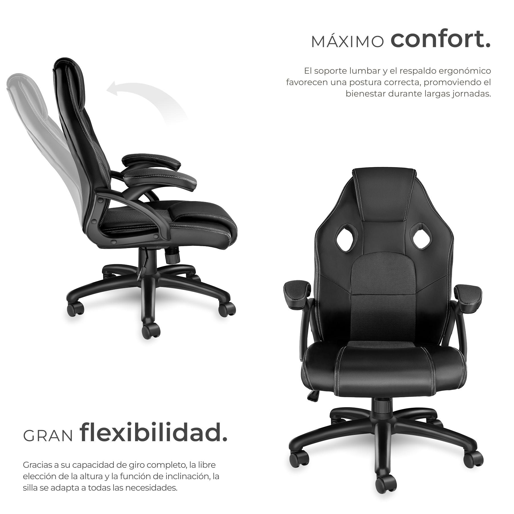 tectake® Silla Gaming, Silla Ergonomica Escritorio, Ordenador, Altura Ajustable, 5 Ruedas Dobles, Diseño Moderno, Acolchado Grueso, Tejido de Malla, Silla Oficina, Silla Escritorio - Negro