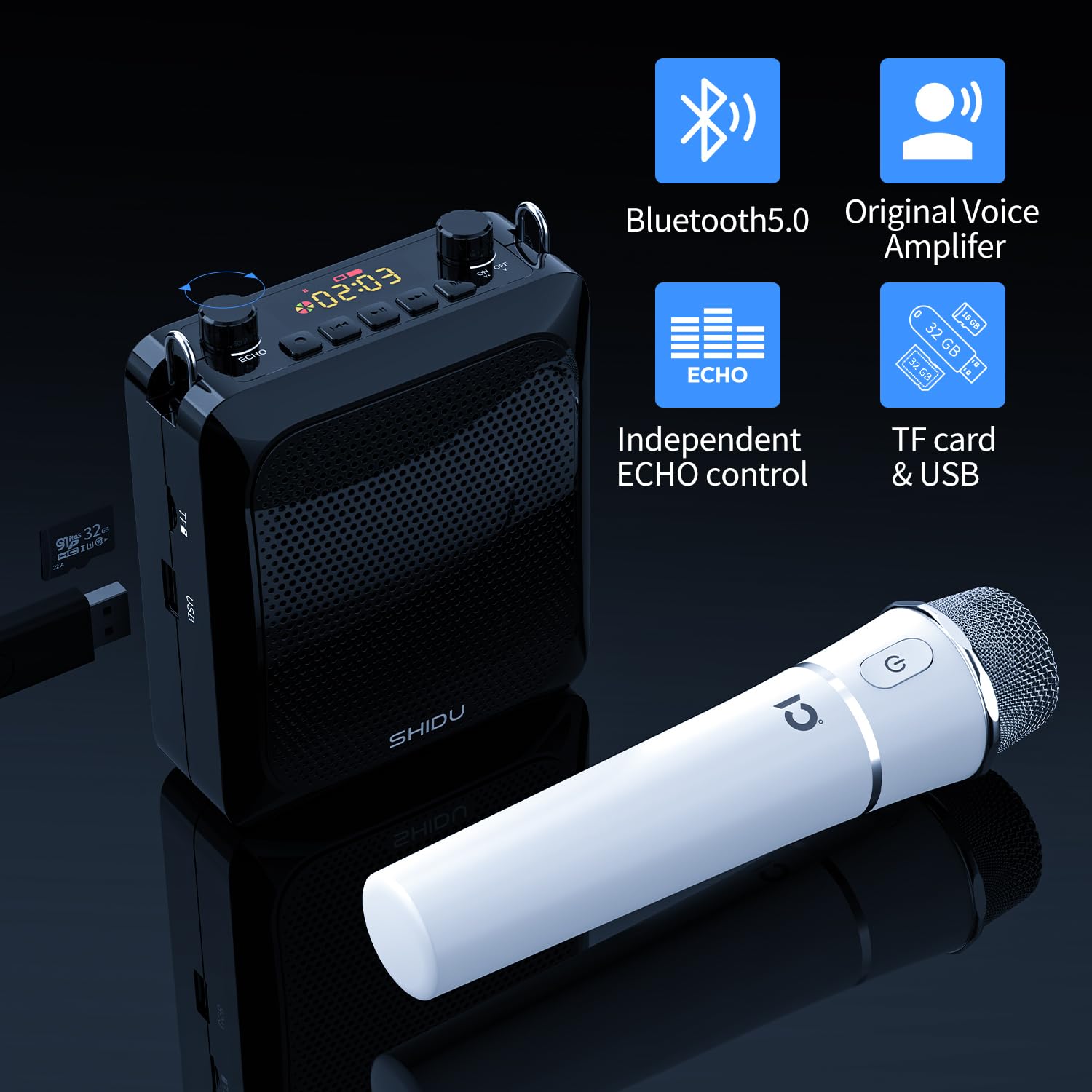 Amplificateur Voix SHIDU 25W Bluetooth - Avec Micro Casque Et Micro Main UHF