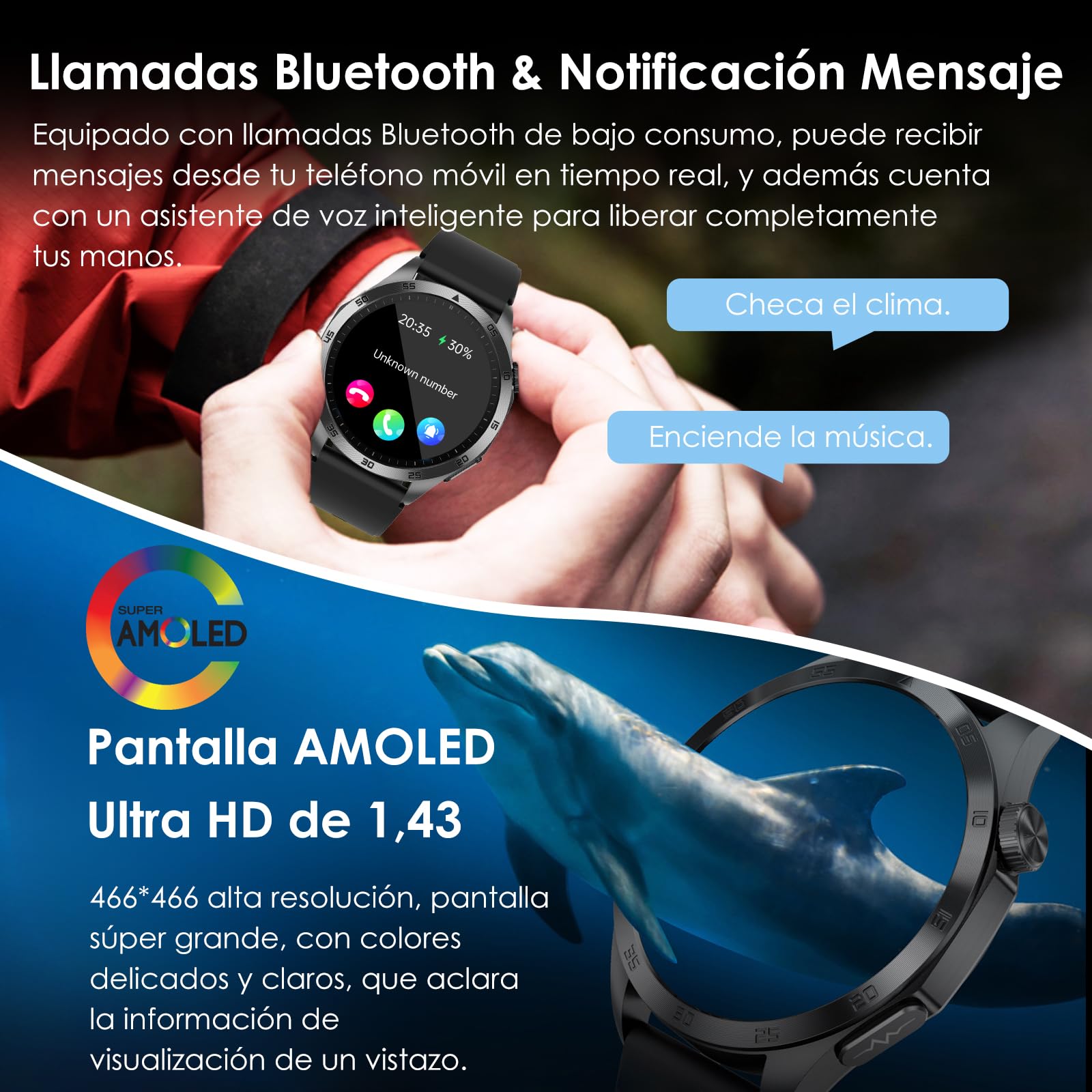 Orologio Smartwatch Uomo Donna 𝐆li𝐜𝐞𝐦𝐢𝐚 ECG+HRV/acido urico/BMI,1.43"AMOLED con funzione telefono,pulsante SOS/pressione sanguigna/affaticamento/rilevamento delle emozioni/sonno per Android iOS