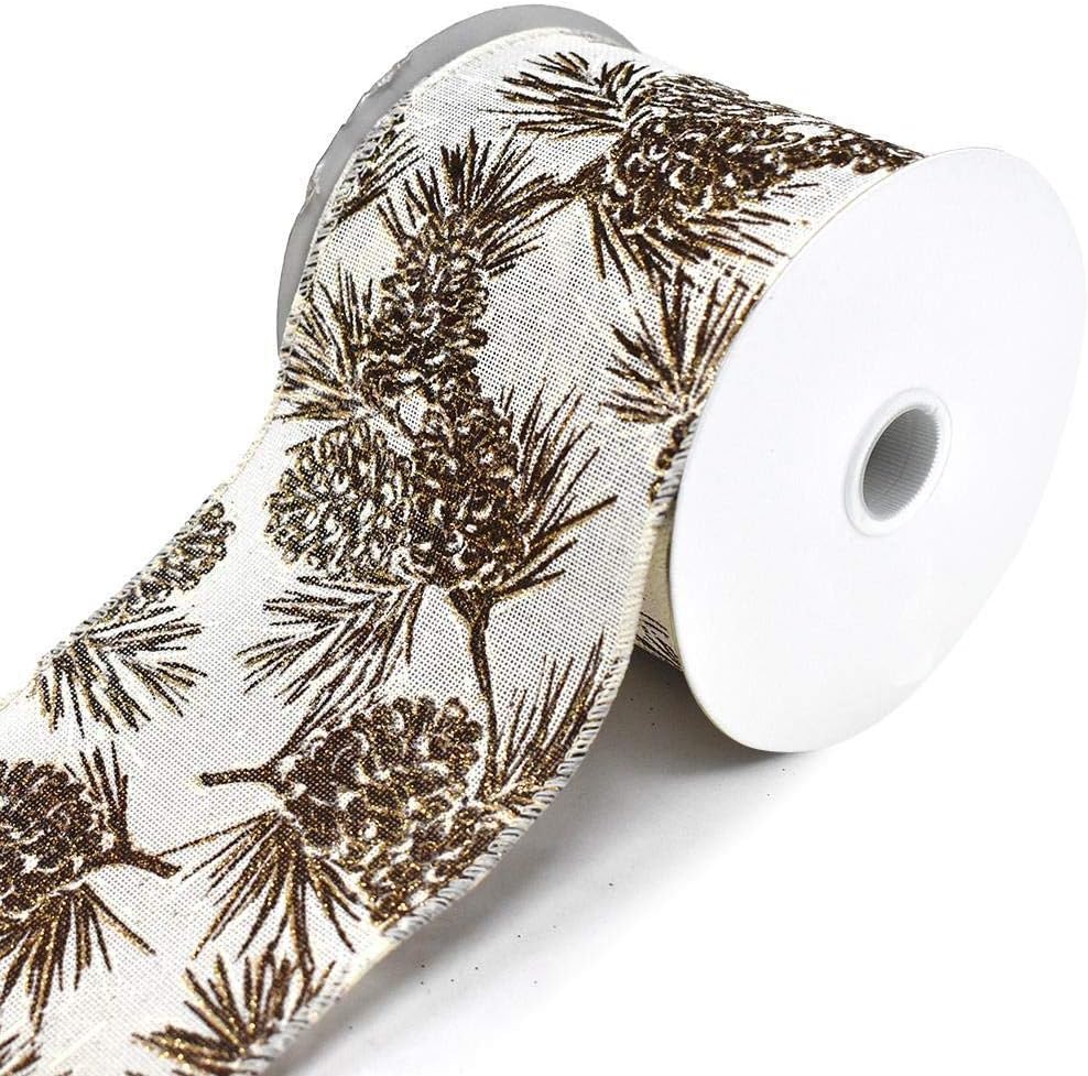 Homeford Glittered Pinecone Linen Wired Edge Christmas Ribbon, Ivory, 4-Inch, 10-Yard