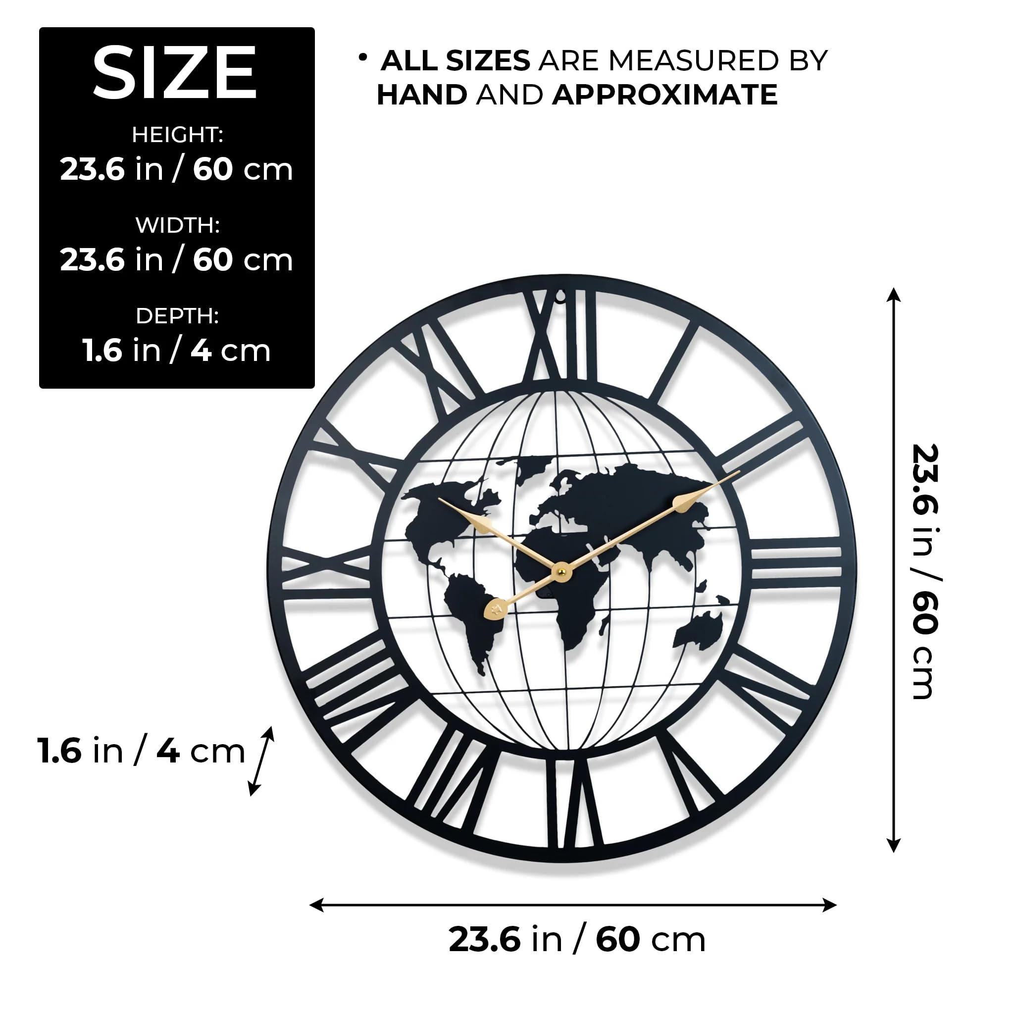 ACCENT COLLECTION HZ Large Metal Wall Clock, World Map Clock, Black Metal Home Decor, 24 inch 60 cm