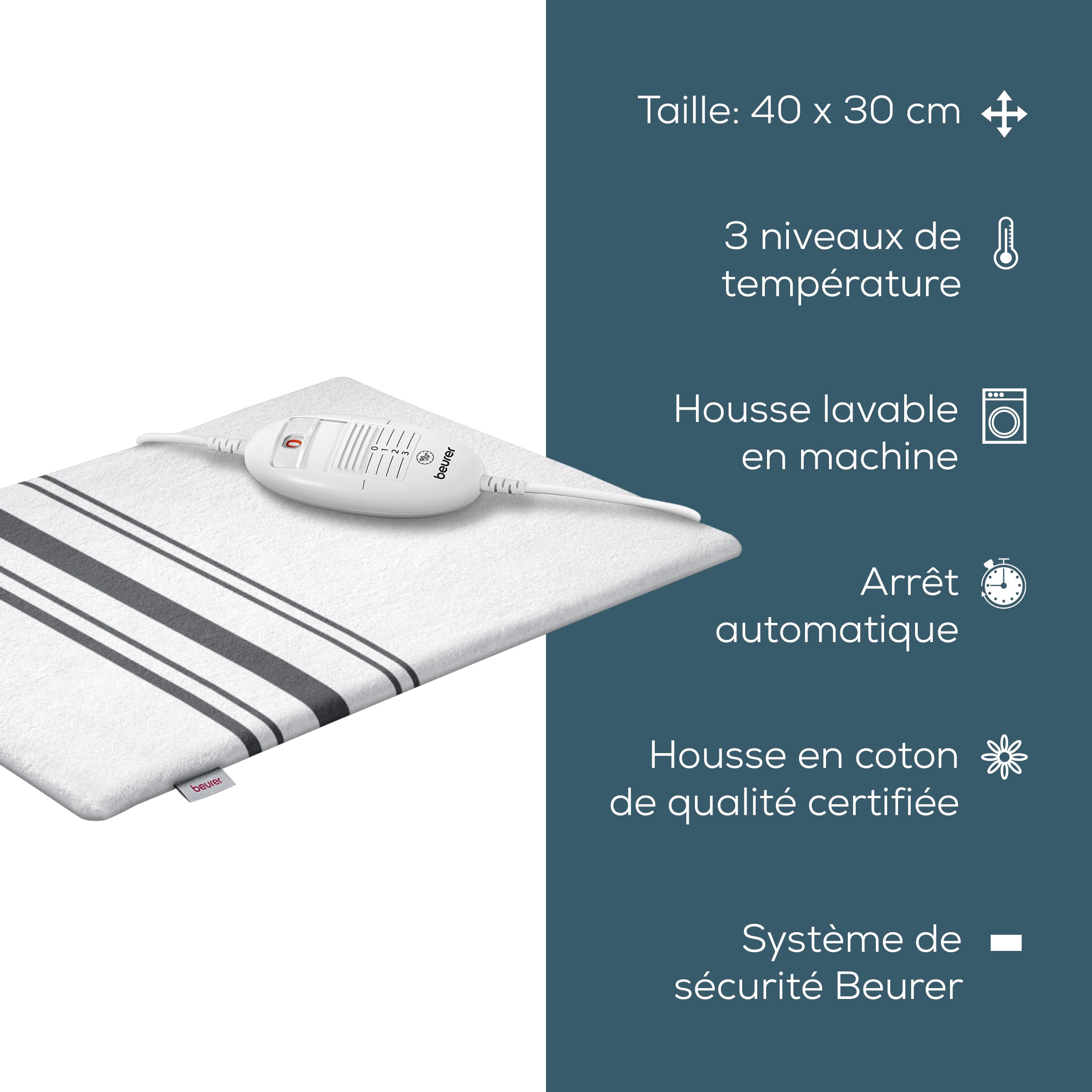 Beurer HK 25 Coussin chauffant, 3 niveaux de température, housse lavable en machine, arrêt automatique, chauffe dos, ventre et cervicales