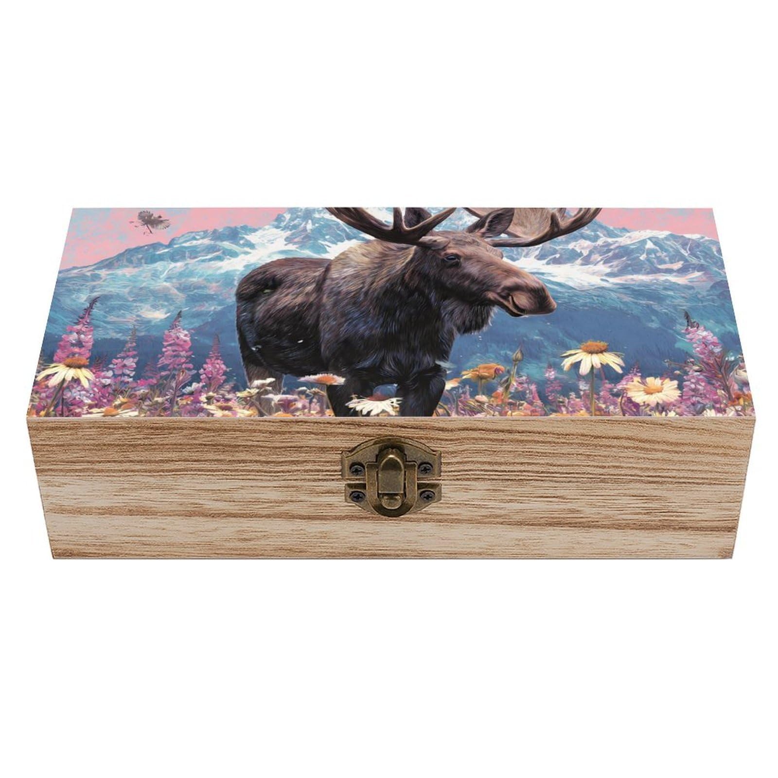 HLBSDM Moose Woodland-Deer Wooden Box with Hinged Lid Decorative Storage Case Container