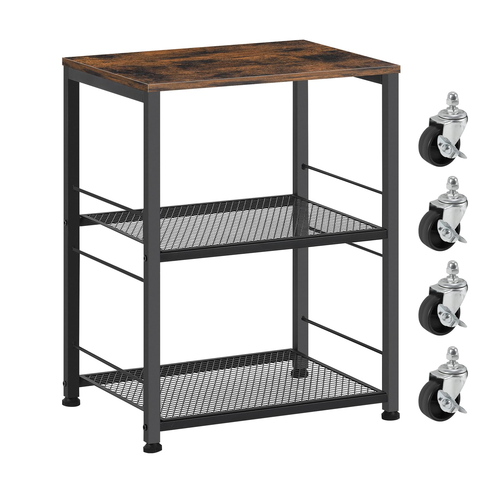 Nandae Carrello Cucina con rack di stoccaggio a 3 piani, Carrello di Servizio con ruote, ripiano in legno e telaio in metallo per Cucina e Soggiorno