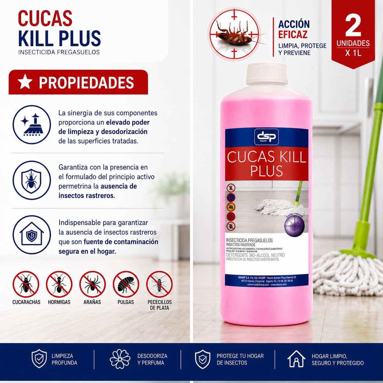 PACK DE 2 UNIDADES CUCAS KILL PLUS Insecticida Fregasuelos, Elimina Hormigas, Cucarachas y Arañas, Efecto Preventivo 15 Días, Aroma Neutro