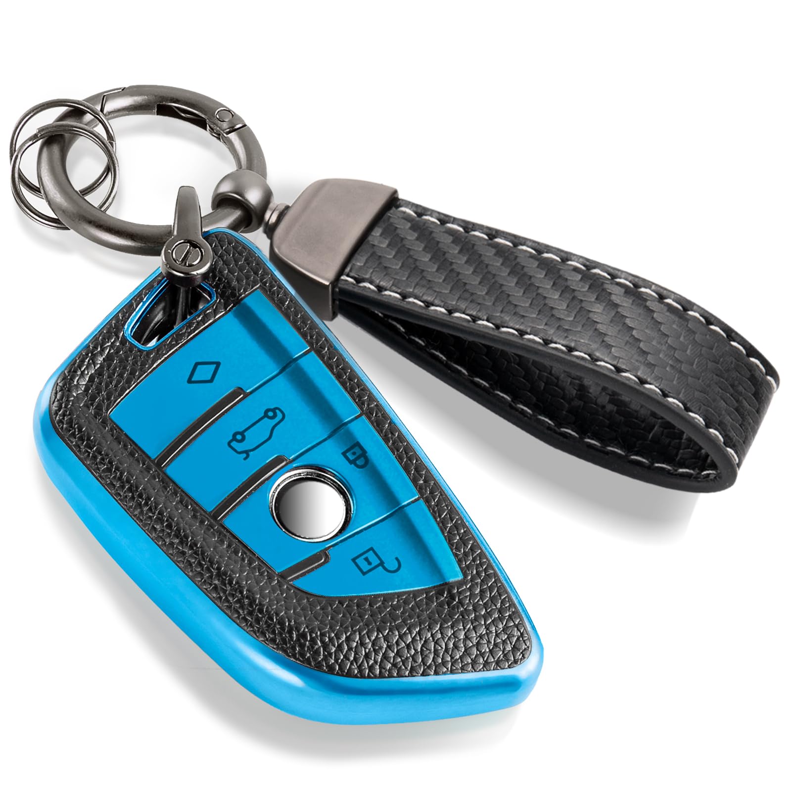 for BMW Key Fob Cover with Carbon Fiber Style Belt Keychain, Upgraded Blade Shape Soft TPU Surface Grain Key Case for New BMW Key Fob Shell (Red, B)