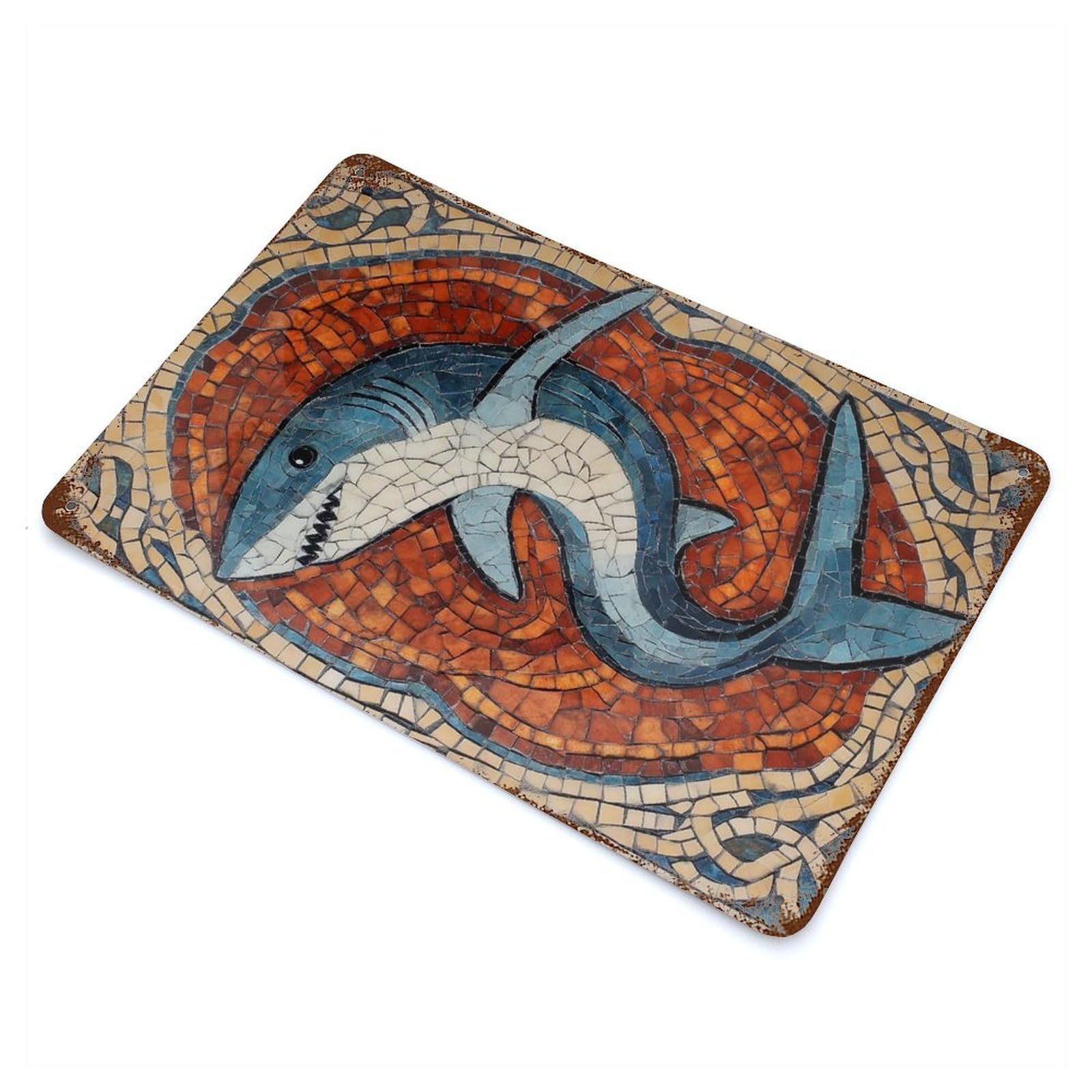 Decorative Tin Sign Shark Mosaic Art 11.8"x7.9", Vintage Wall Decor for Pub, Kitchen And Man Cave Decor