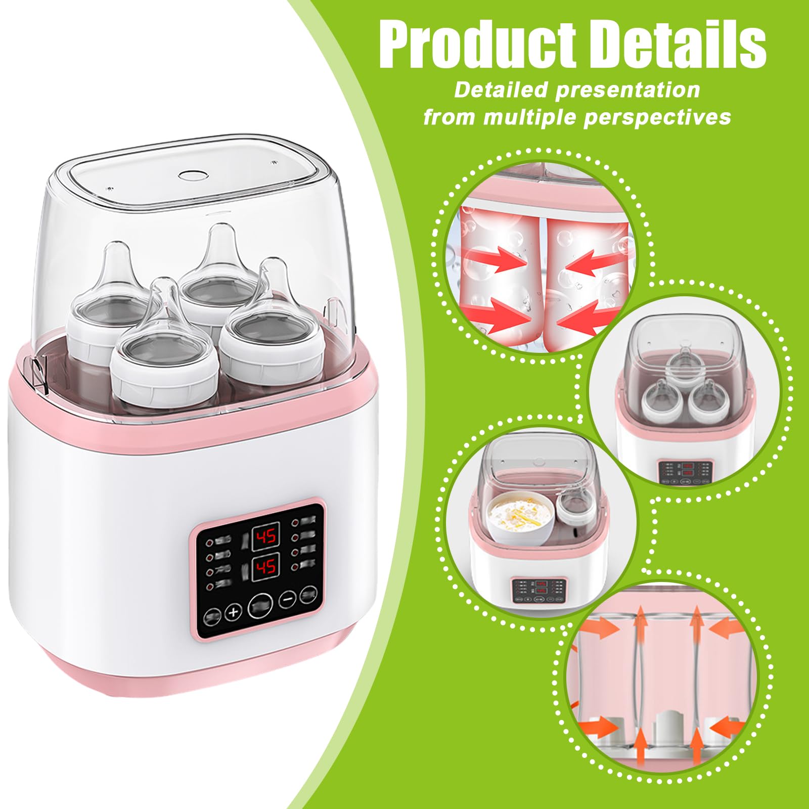 8-in-1 Flaschenwärmer Baby, Sterilisator für babyflaschen, Schnell-Flaschenwärmer Milchflaschenwärmer für Babys, Fast Babykostwärmer & Abtauung mit LCD-Display, BPA-freier Babynahrungsheizung,Rosa