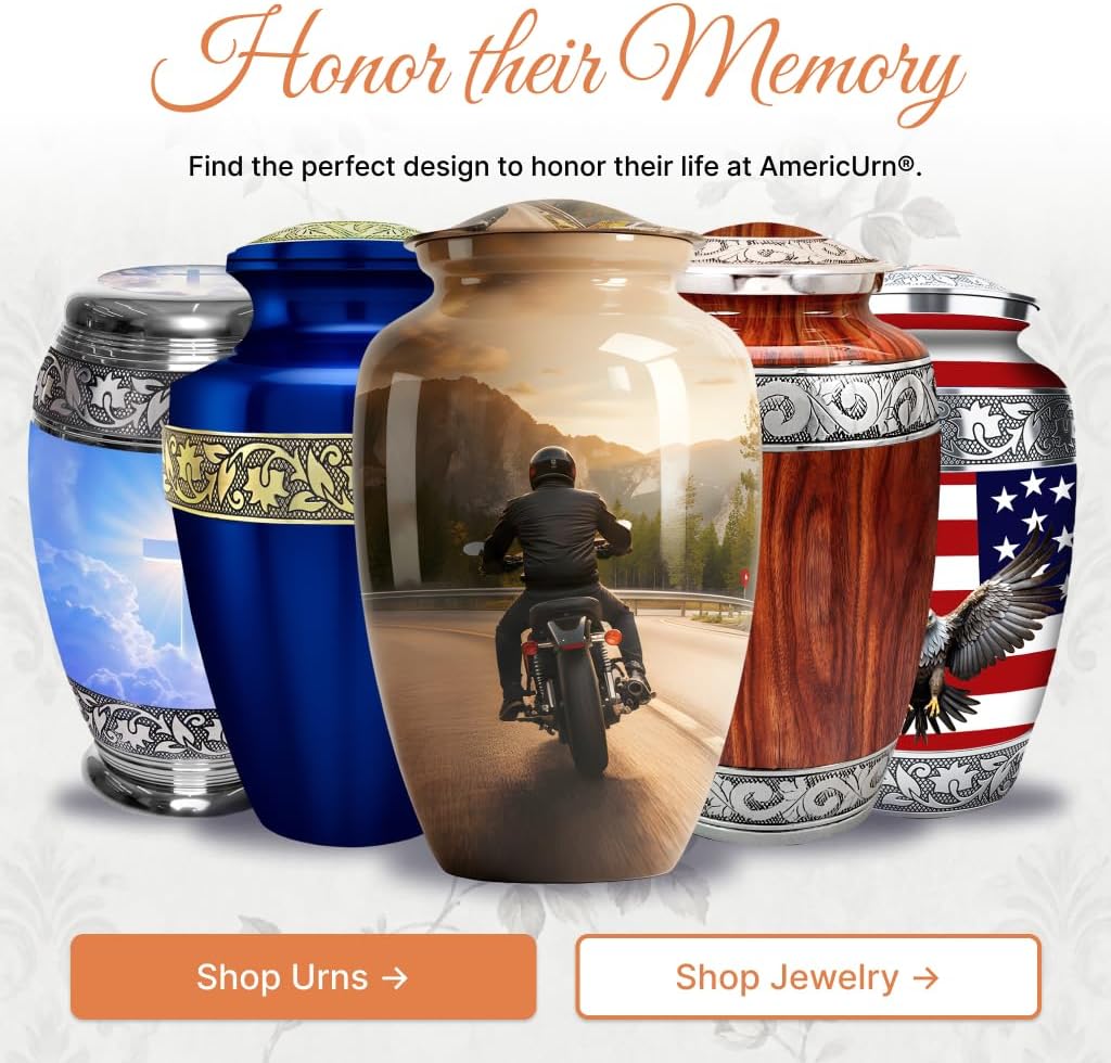Set of 6 Cremation Urns for Human Ashes Includes 1 Large Urn with 4 Small Keepsakes & 1 Silver Necklace - Motorcycle