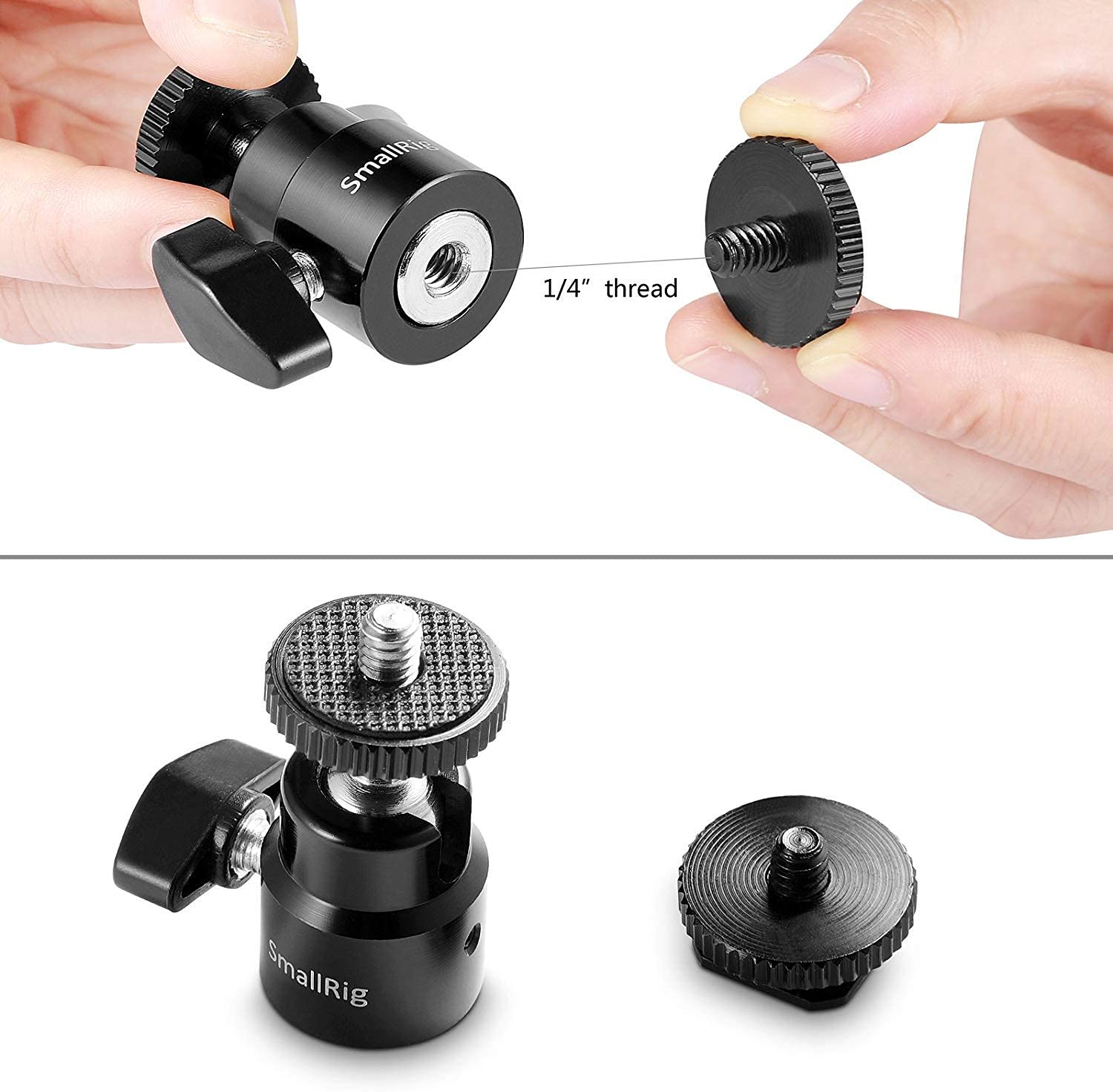 SMALLRIG Głowica kulowa Mini statyw z adapterem gorącej stopki 1/4, obrotowa głowica kulowa 360 ° z adapterem gorącej stopki do monitora LCD, mikrofonu, światła LED - 761