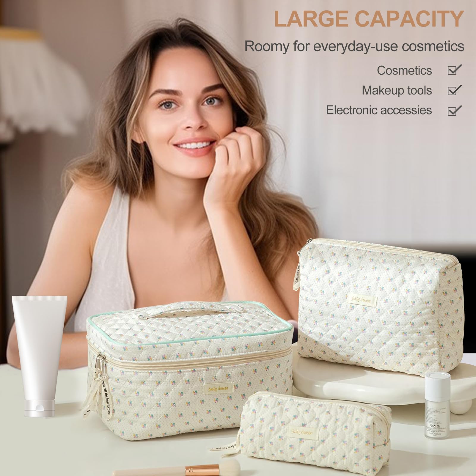 TOPALL Cosmetic Bag, Floral Cotton Quilted Toiletry Bag, Classic Makeup Pouch for Women & Girls - 3PCS (Large + Medium + Pouch) - Image 2