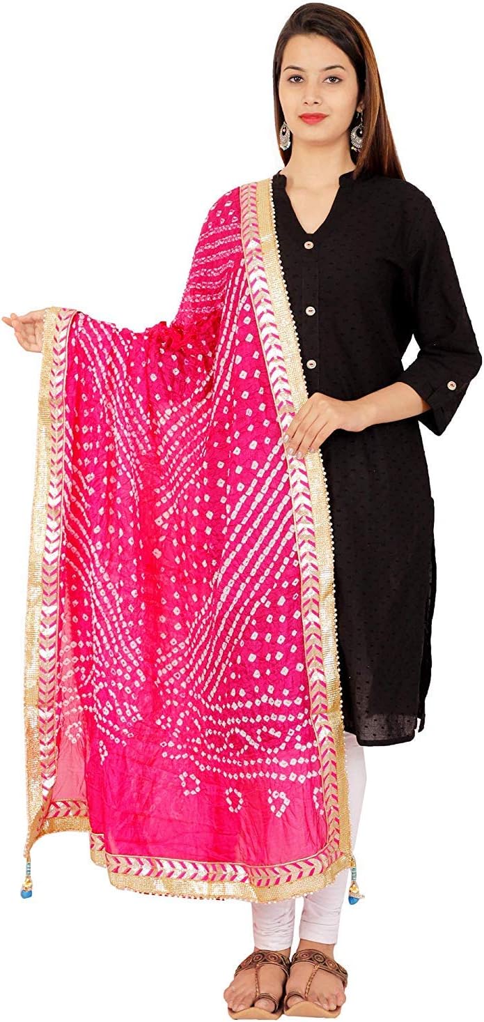 Jaipuri Rajasthani Women Silk Bandhani Bandhej Multi-Colored Heavy Dupatta with Gota Work and latkan (rani)