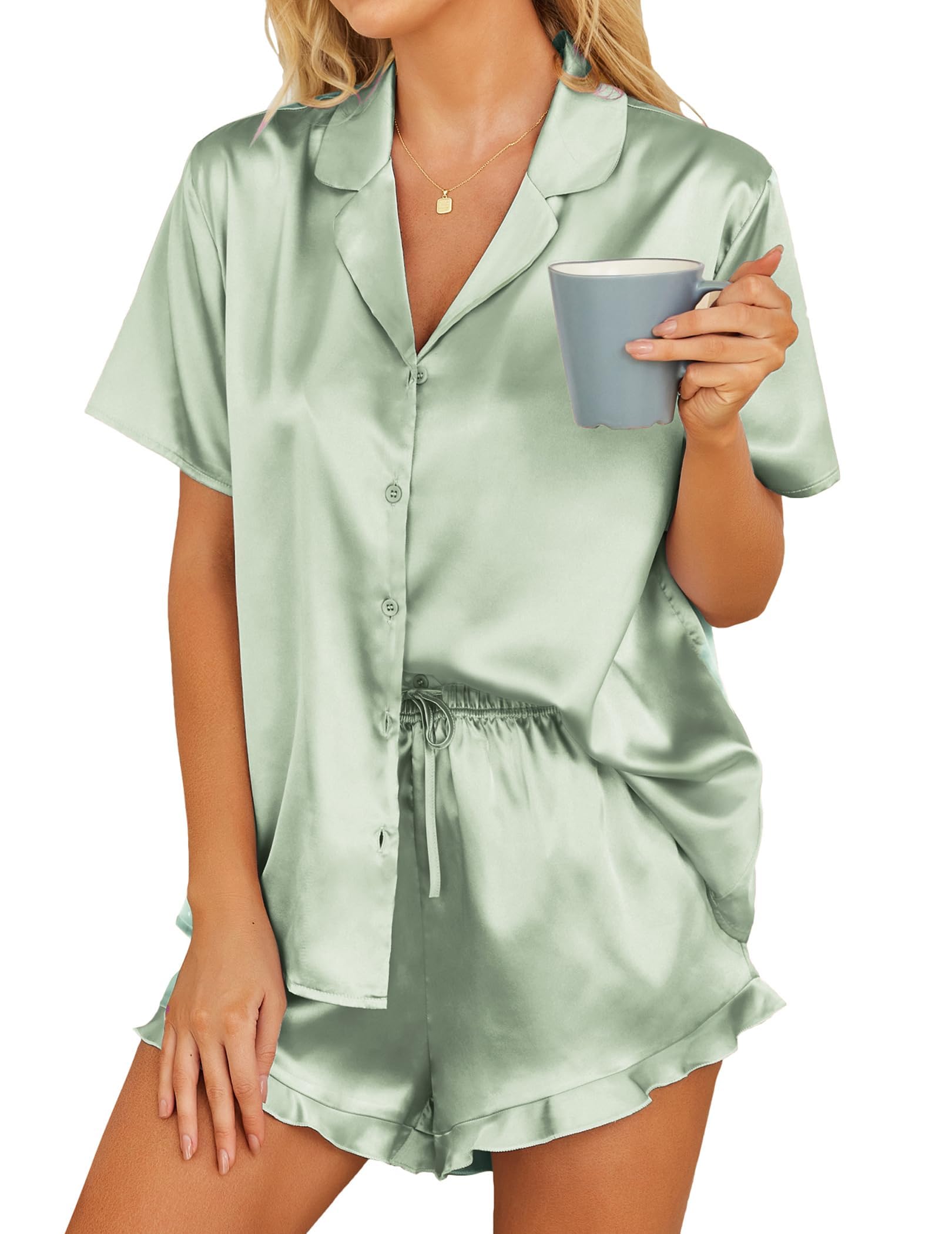 Hotouch Pigiami Due Pezzi Donna Raso a Manica Corta Scollo a V Comodo Pigiama Set XS-XXL