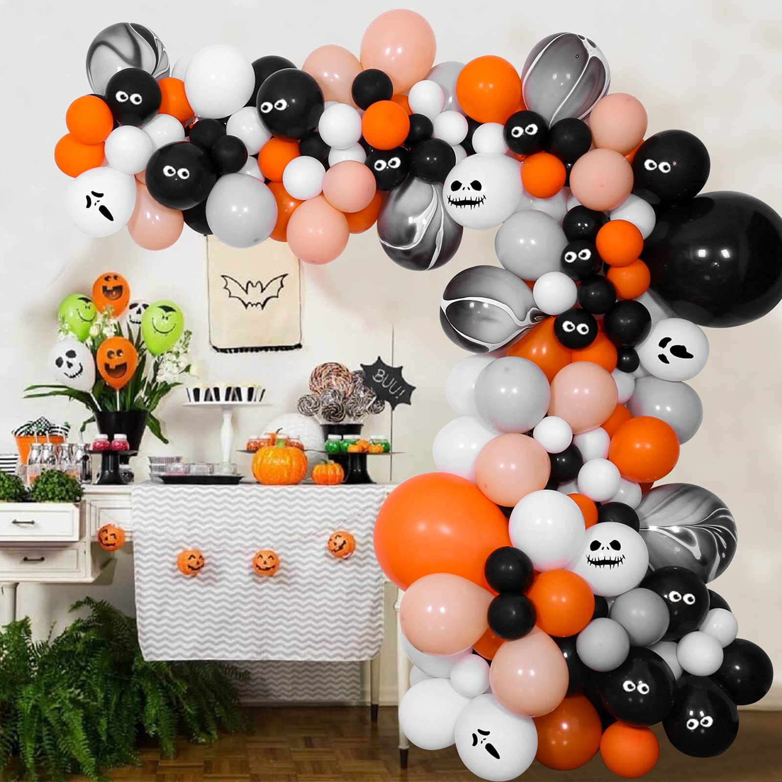 Halloween Balloon Garland Arch Kit, 133 Pcs Black White Orange Halloween Balloon Decoration Set with Black Agate Balloons for Halloween Theme Party Background Classroom Outdoor Indoor Decorations