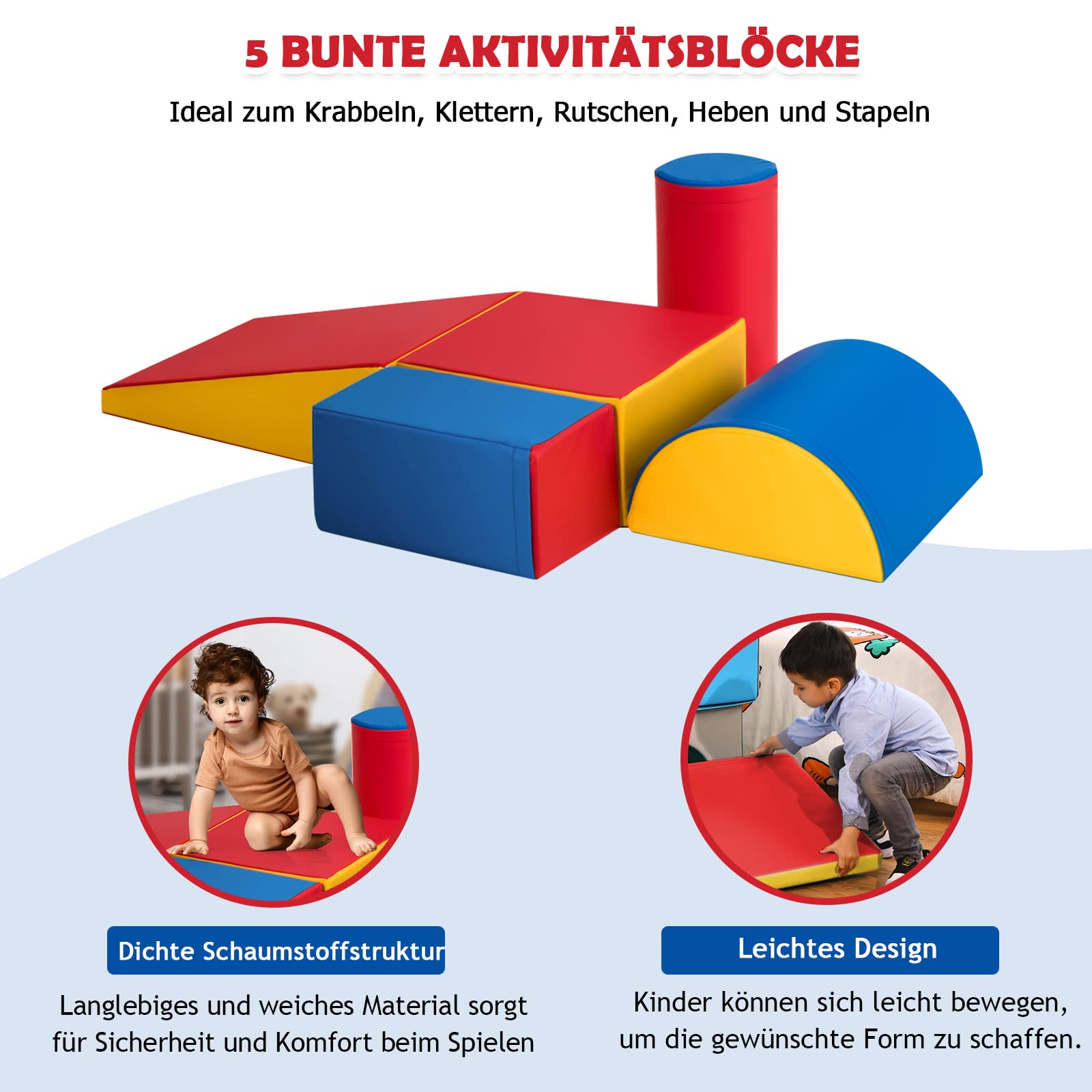 DREAMADE 5 TLG. Softbausteine für Kinder, Großbausteine Riesenbausteine zum Toben und Klettern, Schaumstoffbausteine für Kindergarten Kinderzimmer, Bauklötze aus PE und EPE (Rot+Blau)