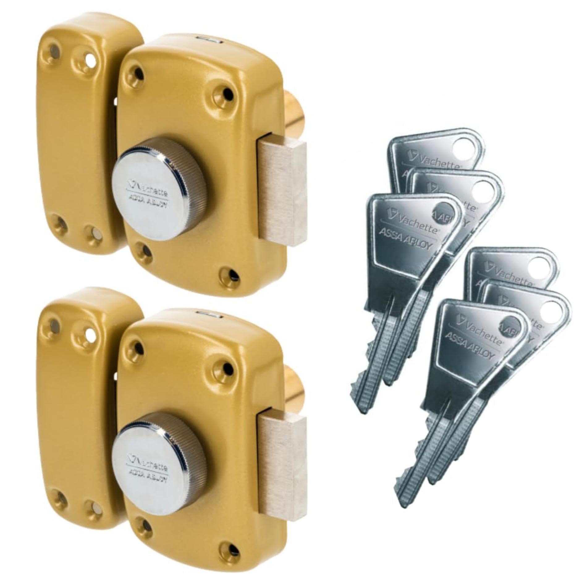 Vachette Lot de 2 Verrous de porte Bouton/​Cylindre CYCLOP - Ouverture avec clé identique - Verrou à Bouton intérieur, Clé extérieur - Cylindre ø 23mm, Longueur 45mm, 5 goupilles - 67600MN/​SC - 6 clés
