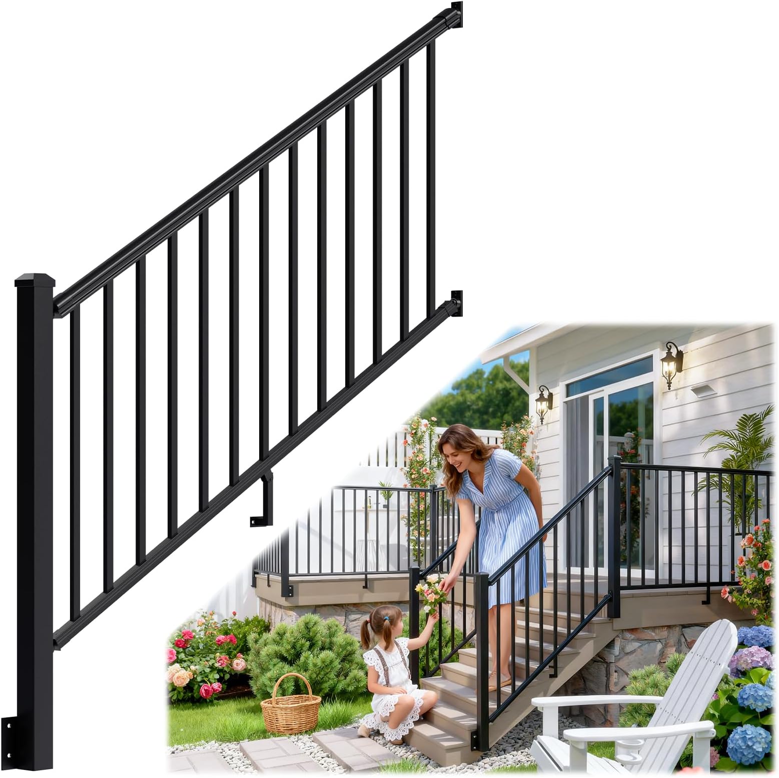 Egadis 1 Pack 36 in. H x 6 ft. W Side Mount Aluminum Stair Railing Kit, Black Textured Powder-Coat Finish Fascia Mount Rail System for Concrete Steps or Wooden Stairs(1 Post, 1 Panel)