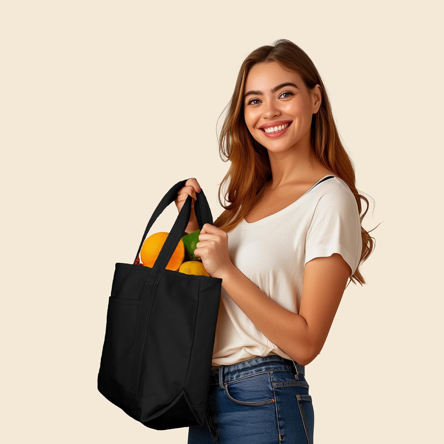DALIX 20" Solid Color Cotton Canvas Shopping Tote Bag in Black - Image 4