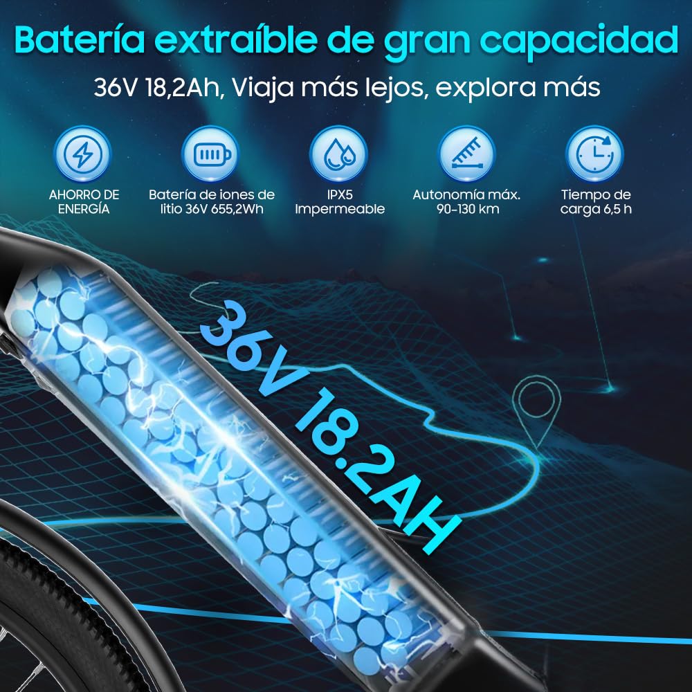 26T1 Bicicleta eléctrica de 26 pulgadas, batería extraíble de 36 V, 18,2 Ah, motor de 250 W, pantalla LCD, 7 velocidades, alcance 90-130 km, 25 km/h, IPX5 resistente al agua para adultos