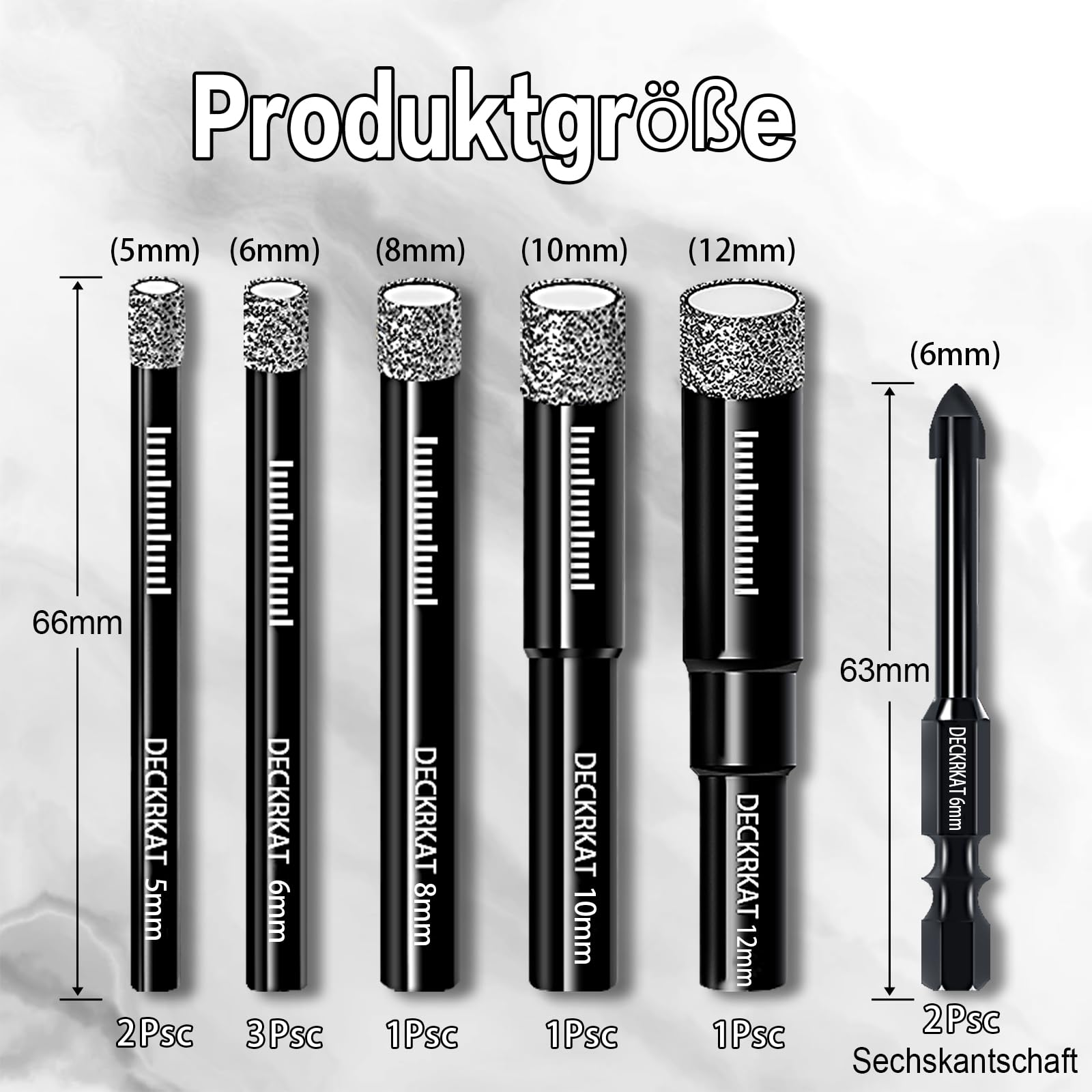 DECKRKAT 10-teiliger Satz Trocken-Diamantbohrer & Fliesenbohrer – 5mm(x2), 6mm(x3), 8mm, 10mm, 12mm + 6mm (x2) Steinbohrer für Fliesen, Keramik, Porzellan, Marmor, Granit.