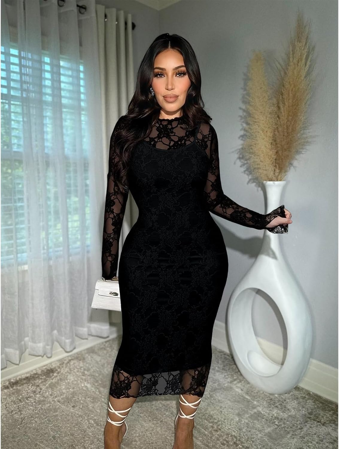 Womens Floral Lace Bodycon Midi Dress Long Sleeve Sexy See Through Mesh Club Party 2 Piece Dress Set - Image 4