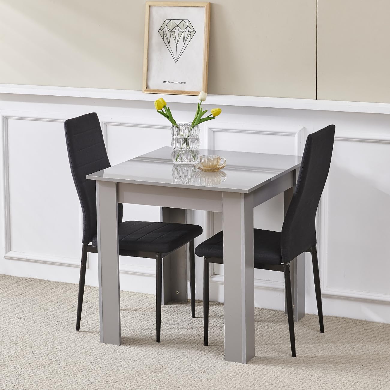Homullel 75x75 cm Small Dining Table and 2 Chairs, 2 Seater Table and Chairs Set Kitchen Dining Room Set for 2, Compact, Space Saving, Wooden, Glossing Tabletop Grey (2 Seats, Linen Black)