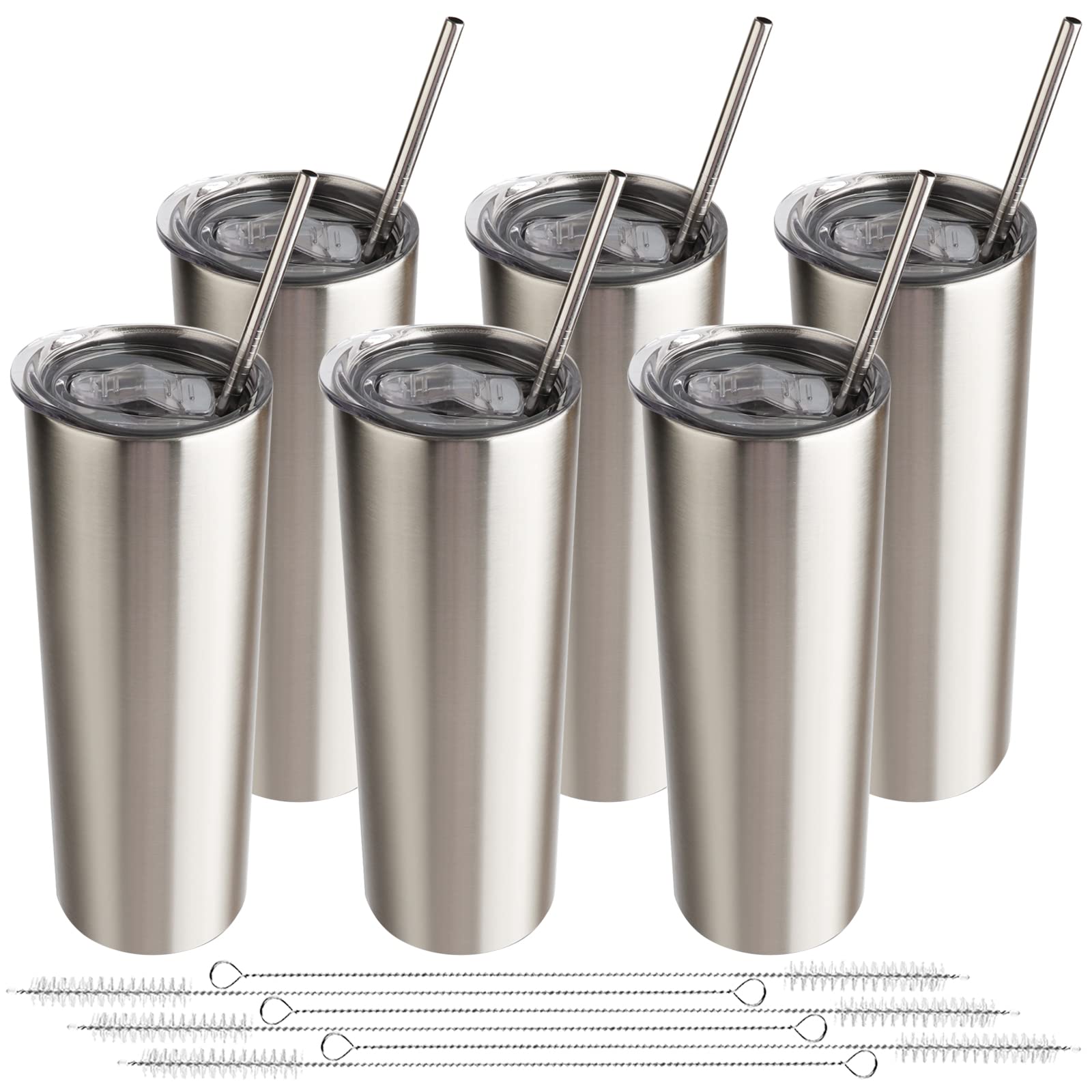 Sangyn 20 Oz Stainless Steel Skinny Tumbler, 6 Pack Double Wall Insulated Classic Water Tumbler Cup with Lid and Straw Vacuum Travel Mug Unbreakable Wate Bottle(Silver)