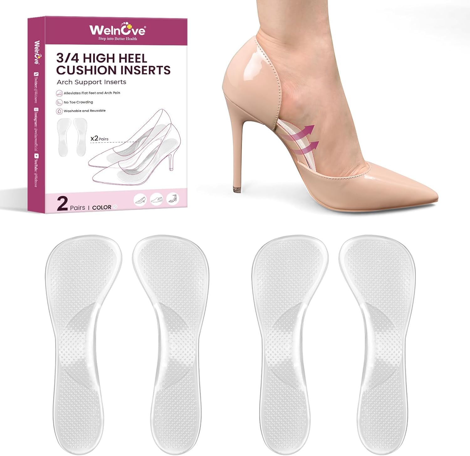 Arch Support Gel High Heels Insole Women - Welnove 3/4 Invisible Soft Cushions Pain Fatigue Relief, 2-Pair high Heel Sandal Inserts Flat Feet, Plantar Fasciitis, Residue-Free Adhesive, Fit Most Shoes - Amazon product rated Grade C