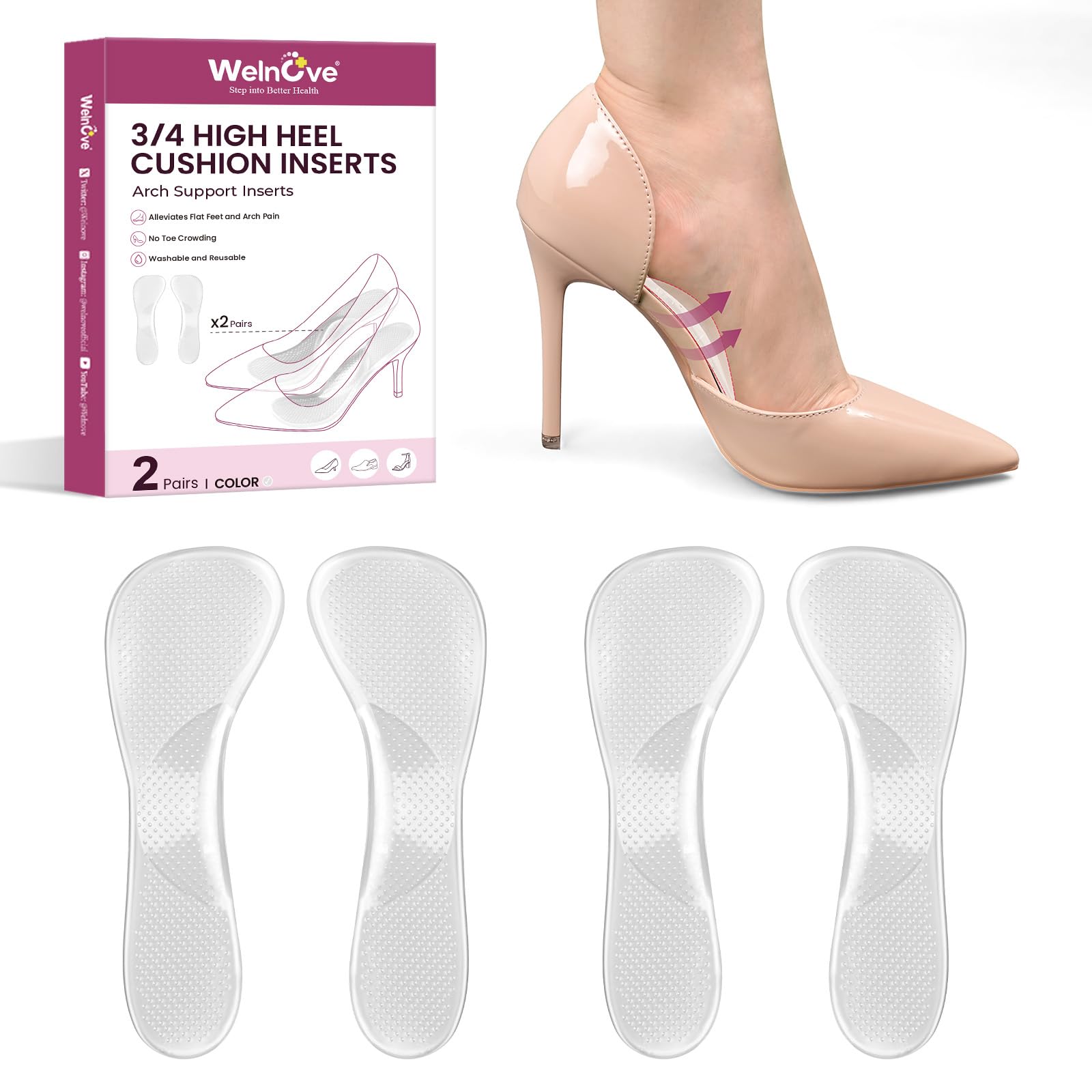 Welnove Plantillas gel Mujer 3/4 Almohadillas suaves para aliviar dolor fatiga 2 pares Sandalias tacón alto Pies planos Fascitis plantar