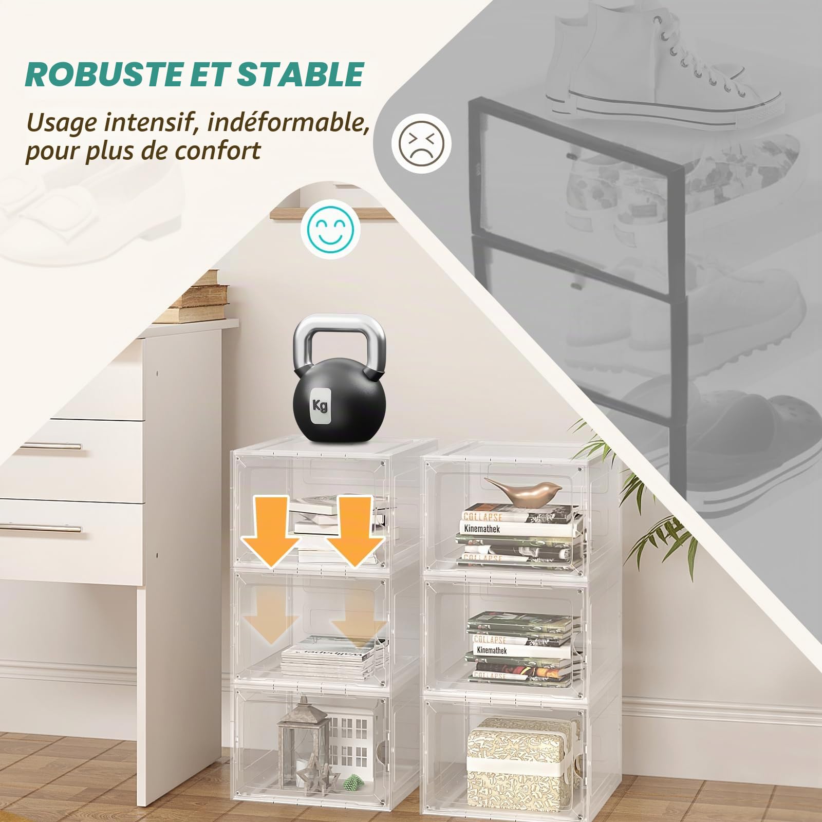 WOLTU Boîtes à Chaussures, Lot de 6 Bacs de Rangement avec Portes Frontales, Organisateurs Empilables, en PP+ABS Transparent pour Chaussures Homme et Talons Hauts Famme, Pointure 46