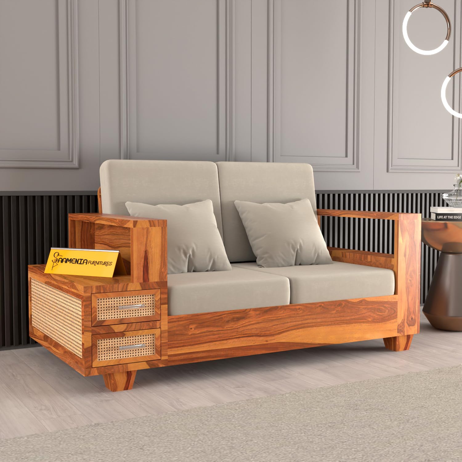 Mamta Furniture 2 Seater Sofa with Drawer Honey Finish Cane Frame | 2 Seater | Drawer | Living Room | Drawing Room | Without Pillow | Solid Wood Frame-image-49