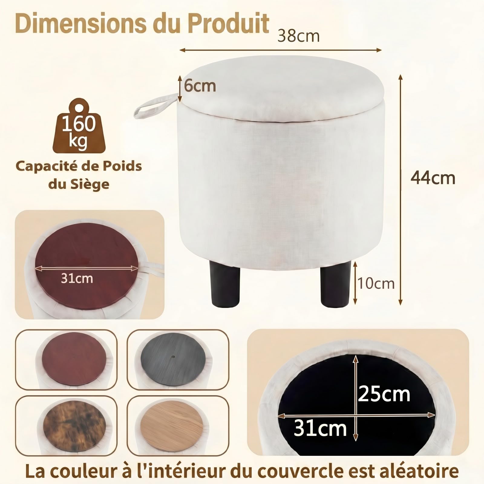 SOARS Pouf de Rangement 19L, Tabouret Rond avec Couvercle Réversible