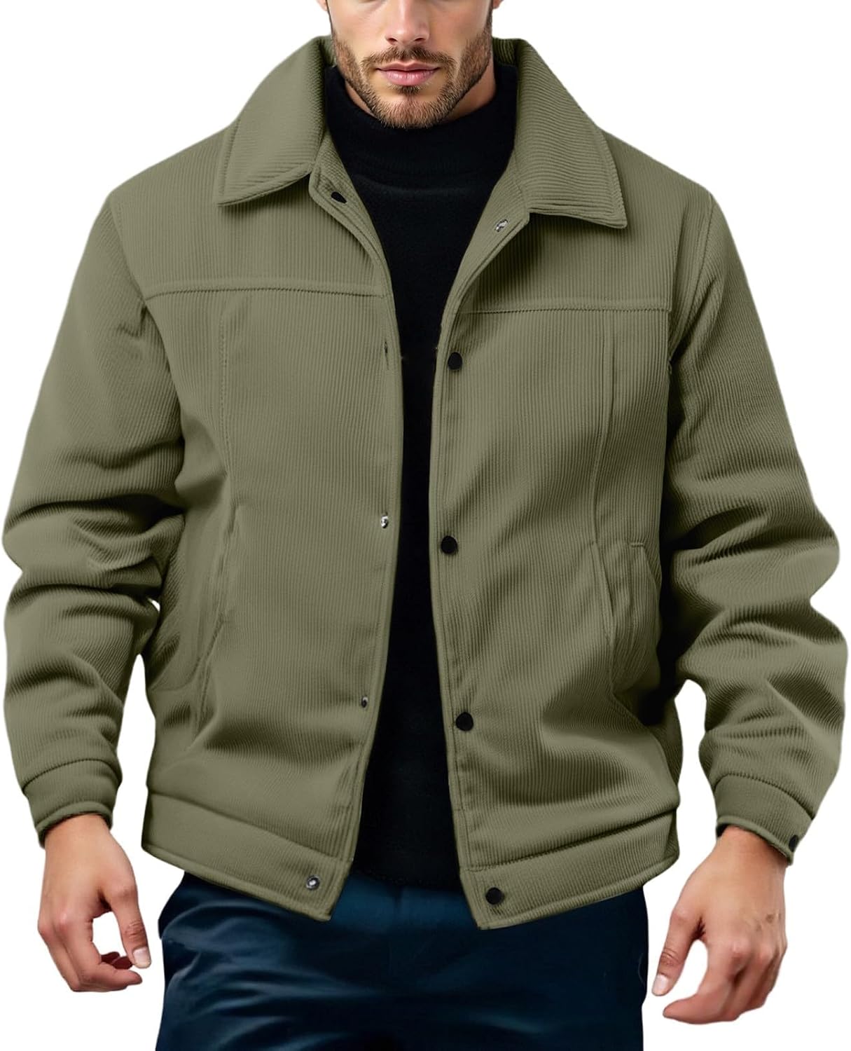 Corduroy Jacket For Men Button Down Vintage Long Sleeve Fall Shirts Casual Western Shacket With Pockets, M-3XL